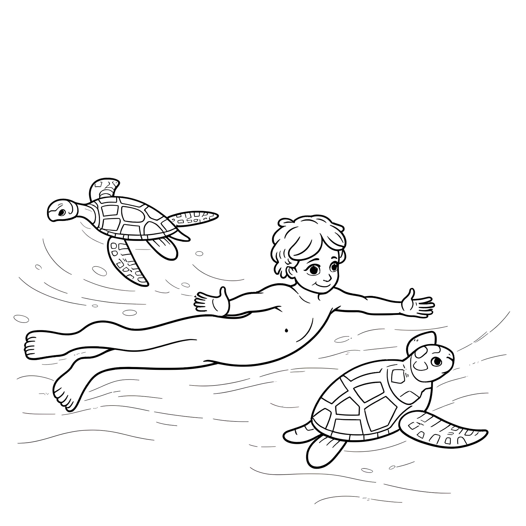 Pythagoras swimming with turtles in the ocean Coloring Page (free black-and-white line drawing printable PDF for all, from beginners to advanced learners, including children, teens, adults, and seniors)