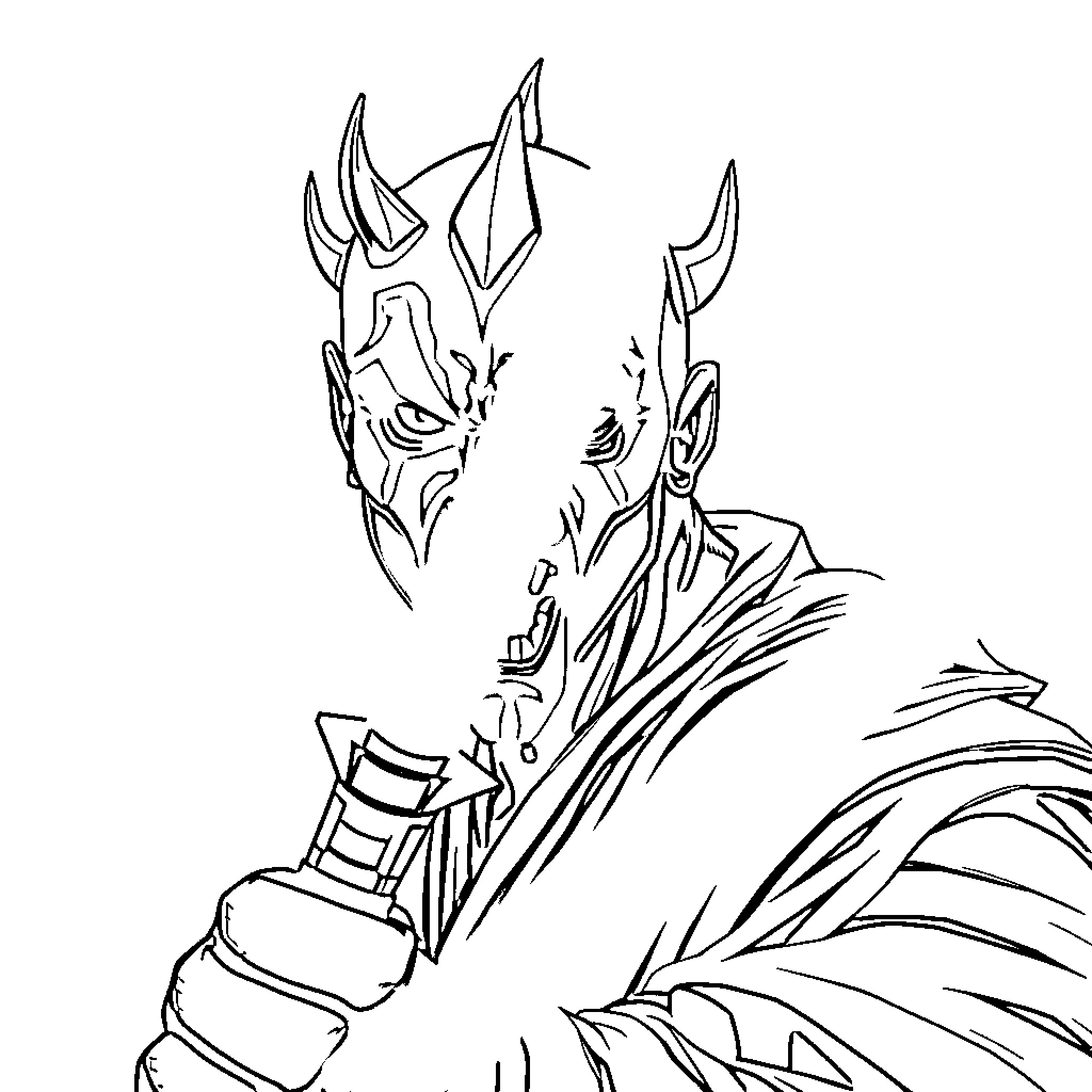 Darth Maul's Fierce Visage and Imposing Stance Coloring Page (free black-and-white line drawing printable PDF for all, from beginners to advanced learners, including children, teens, adults, and seniors)