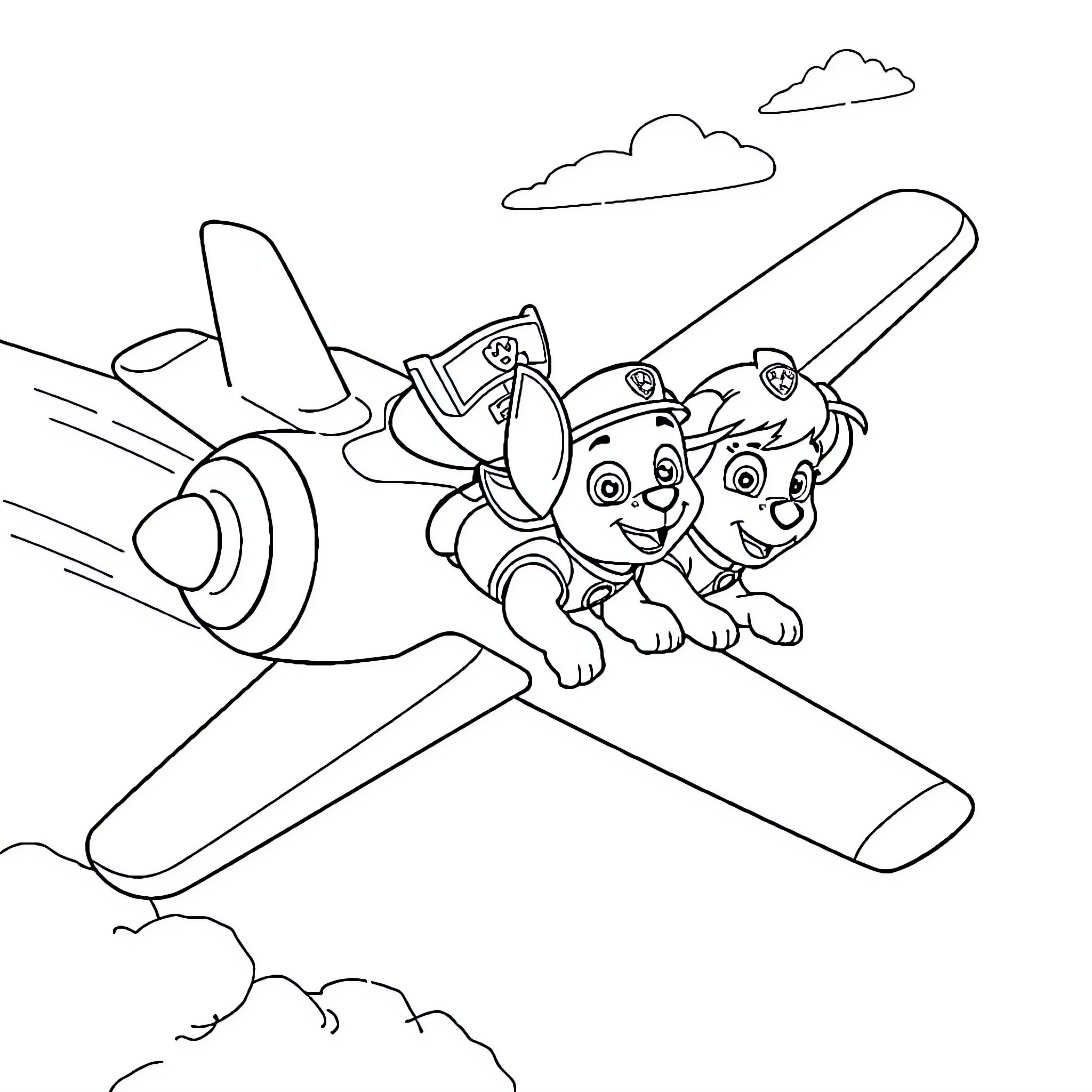 Paw Patrol flying on an airplane Coloring Page (free black-and-white line drawing printable PDF for all, from beginners to advanced learners, including children, teens, adults, and seniors)