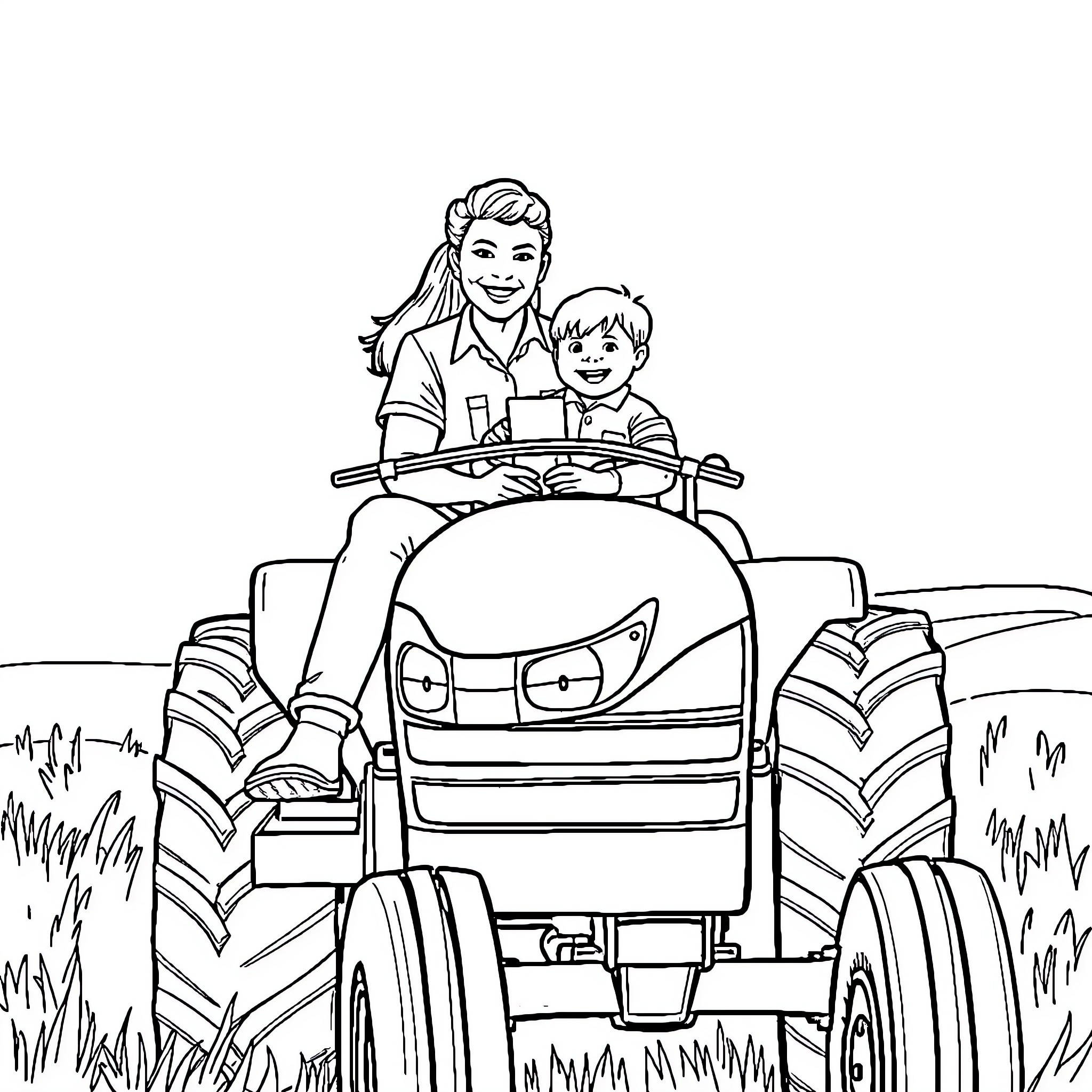 Tractor ride with mother and child Coloring Page (free black-and-white line drawing printable PDF for all, from beginners to advanced learners, including children, teens, adults, and seniors)