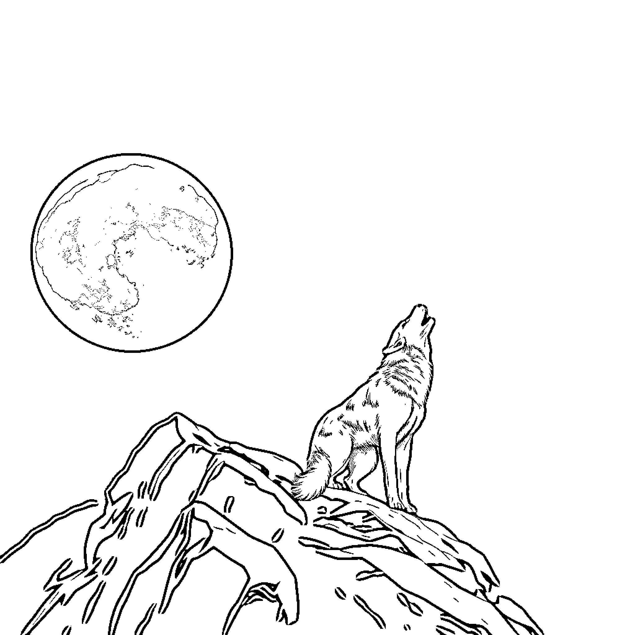 Wolf howling under the moonlit sky Coloring Page (free black-and-white line drawing printable PDF for all, from beginners to advanced learners, including children, teens, adults, and seniors)