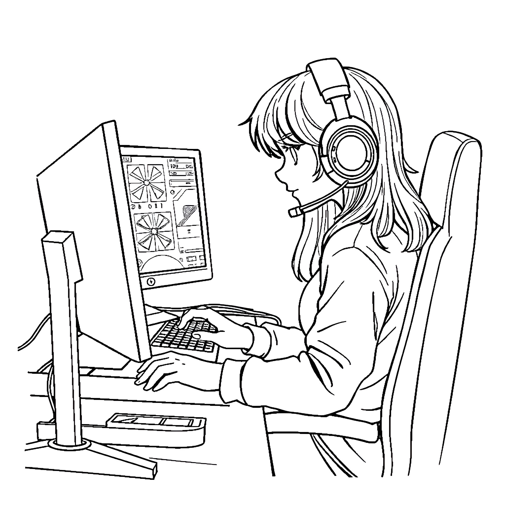 Gamer Girl Immersed in Gameplay at Computer Coloring Page (free black-and-white line drawing printable PDF for all, from beginners to advanced learners, including children, teens, adults, and seniors)