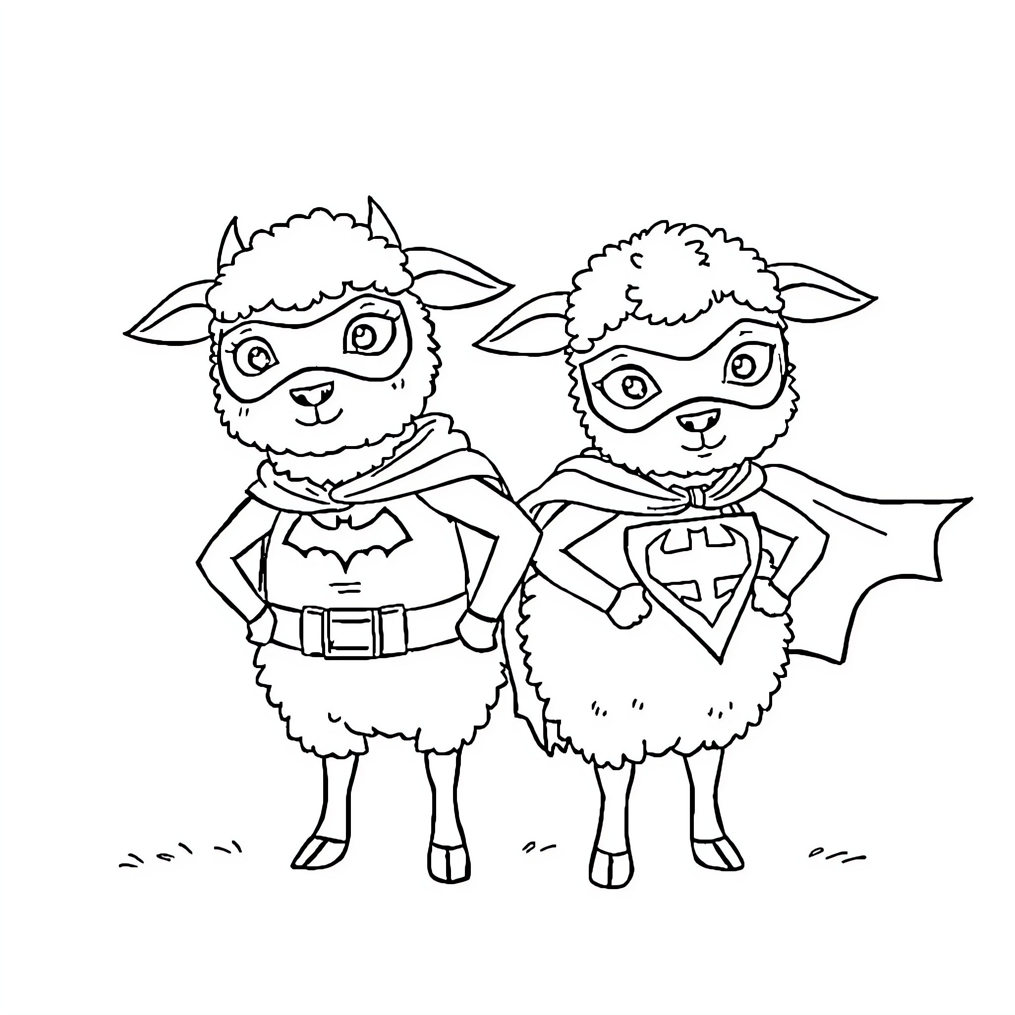 Sheep superheroes in costume Coloring Page (free black-and-white line drawing printable PDF for all, from beginners to advanced learners, including children, teens, adults, and seniors)