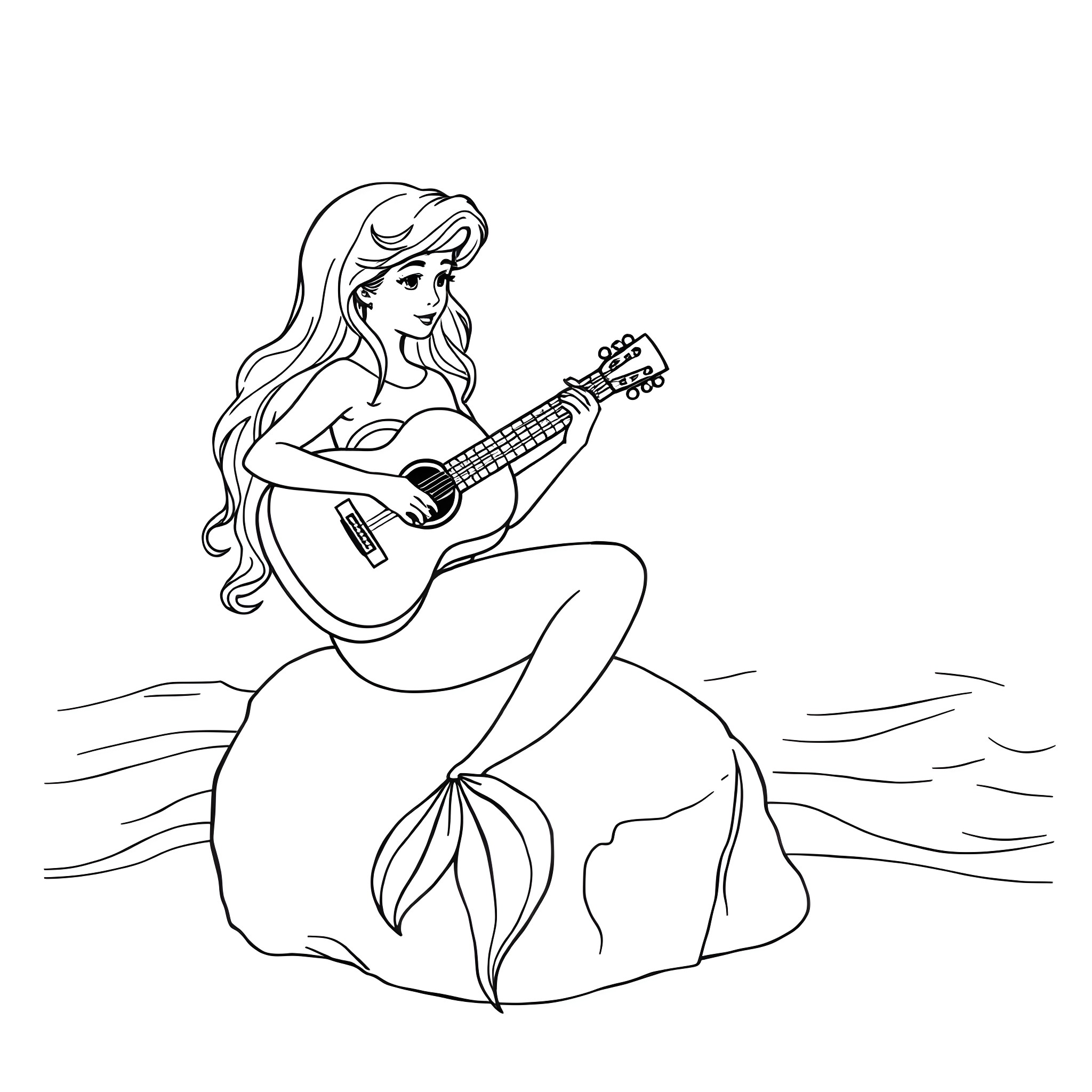Mermaid playing guitar on the beach Coloring Page (free black-and-white line drawing printable PDF for all, from beginners to advanced learners, including children, teens, adults, and seniors)