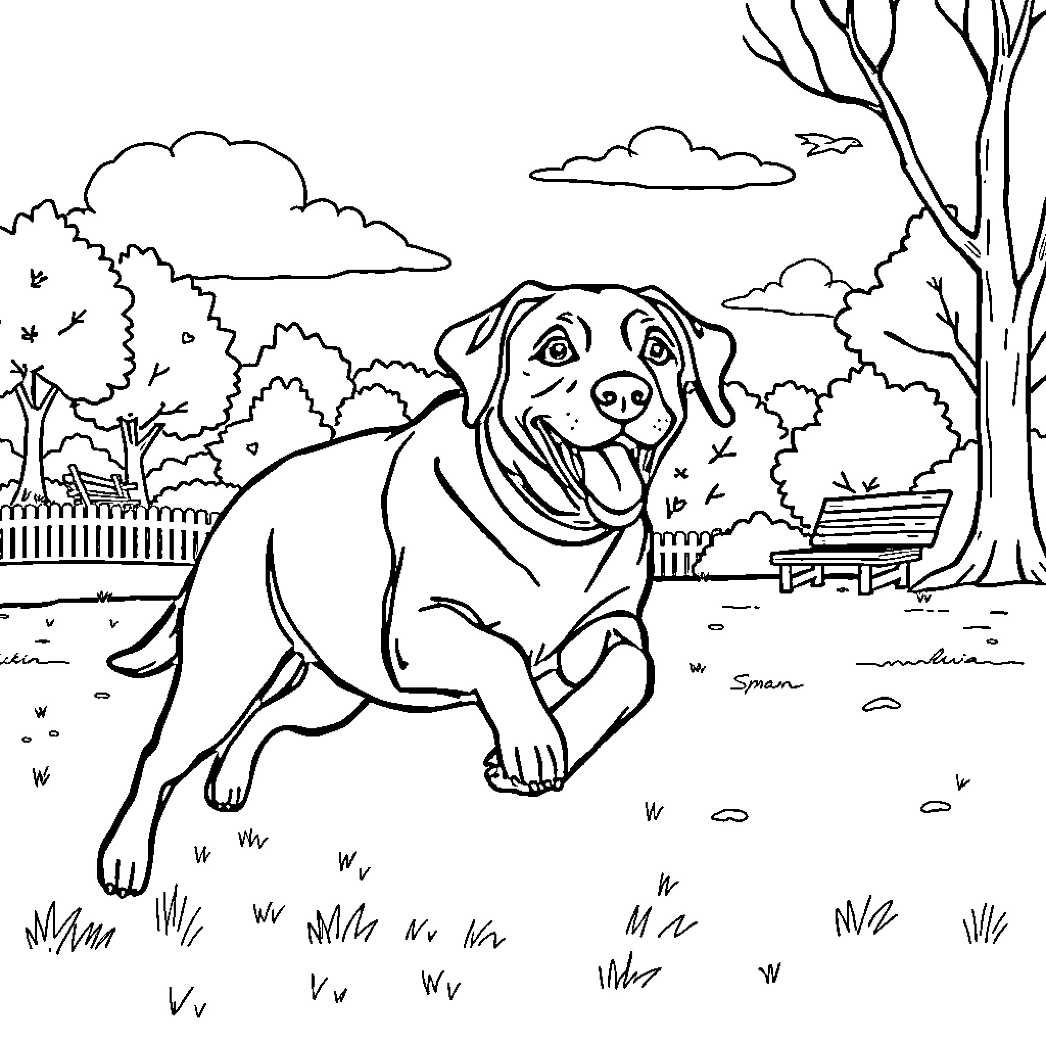 Lab Dog Relaxing in Outdoor Park Coloring Page (free black-and-white line drawing printable PDF for all, from beginners to advanced learners, including children, teens, adults, and seniors)