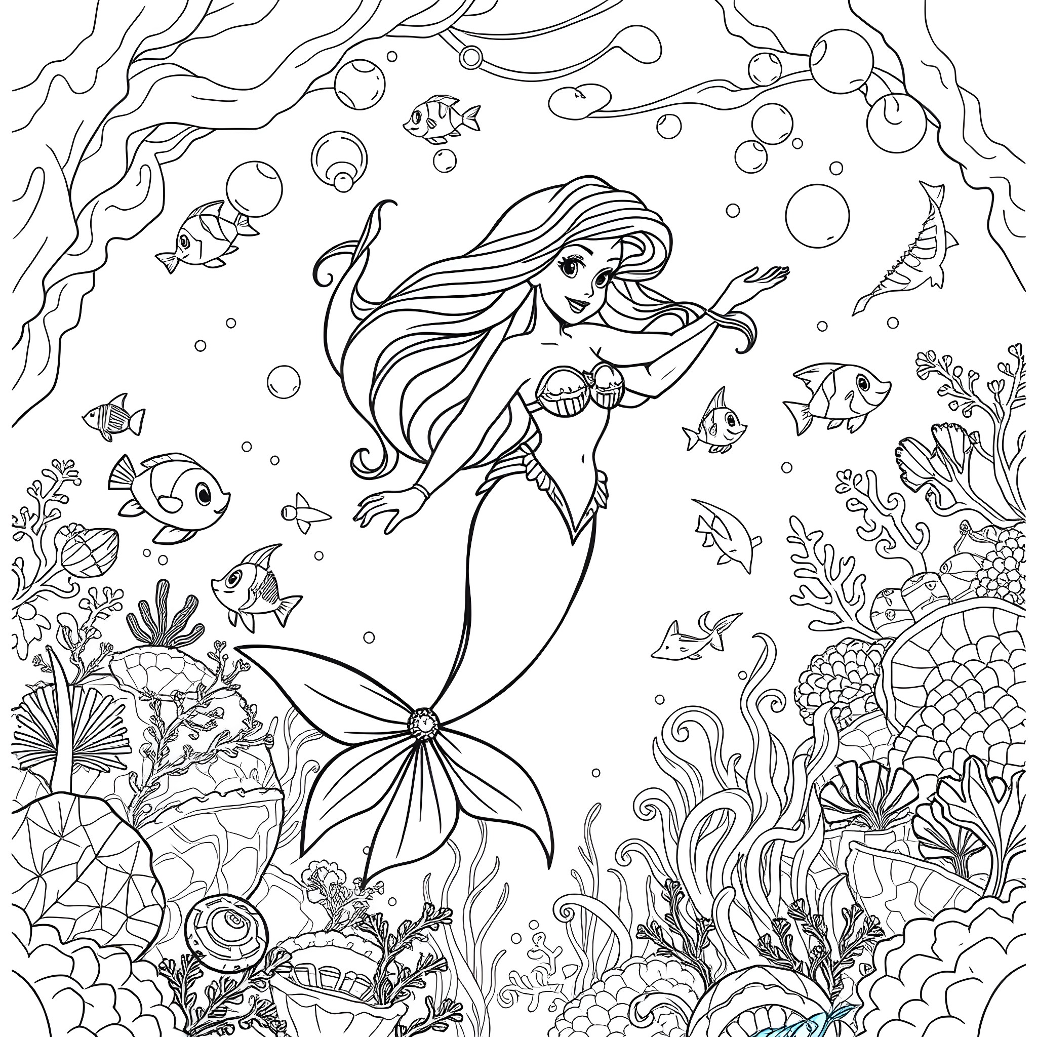 Ariel Exploring the Enchanting Underwater World Coloring Page (free black-and-white line drawing printable PDF for all, from beginners to advanced learners, including children, teens, adults, and seniors)