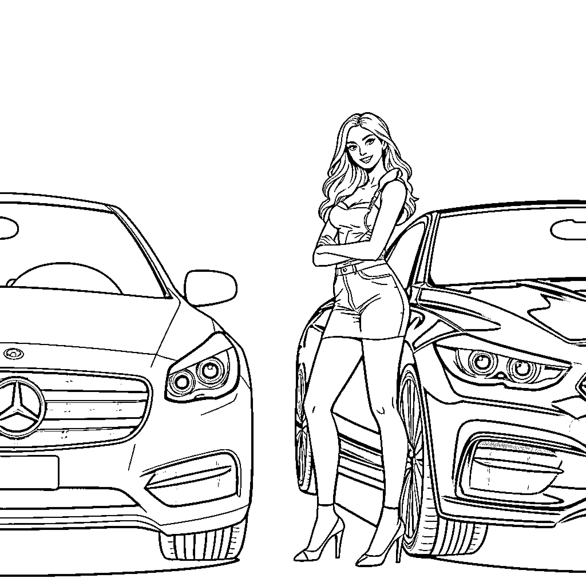 Lady posing proudly beside her luxury vehicles Coloring Page (free black-and-white line drawing printable PDF for all, from beginners to advanced learners, including children, teens, adults, and seniors)