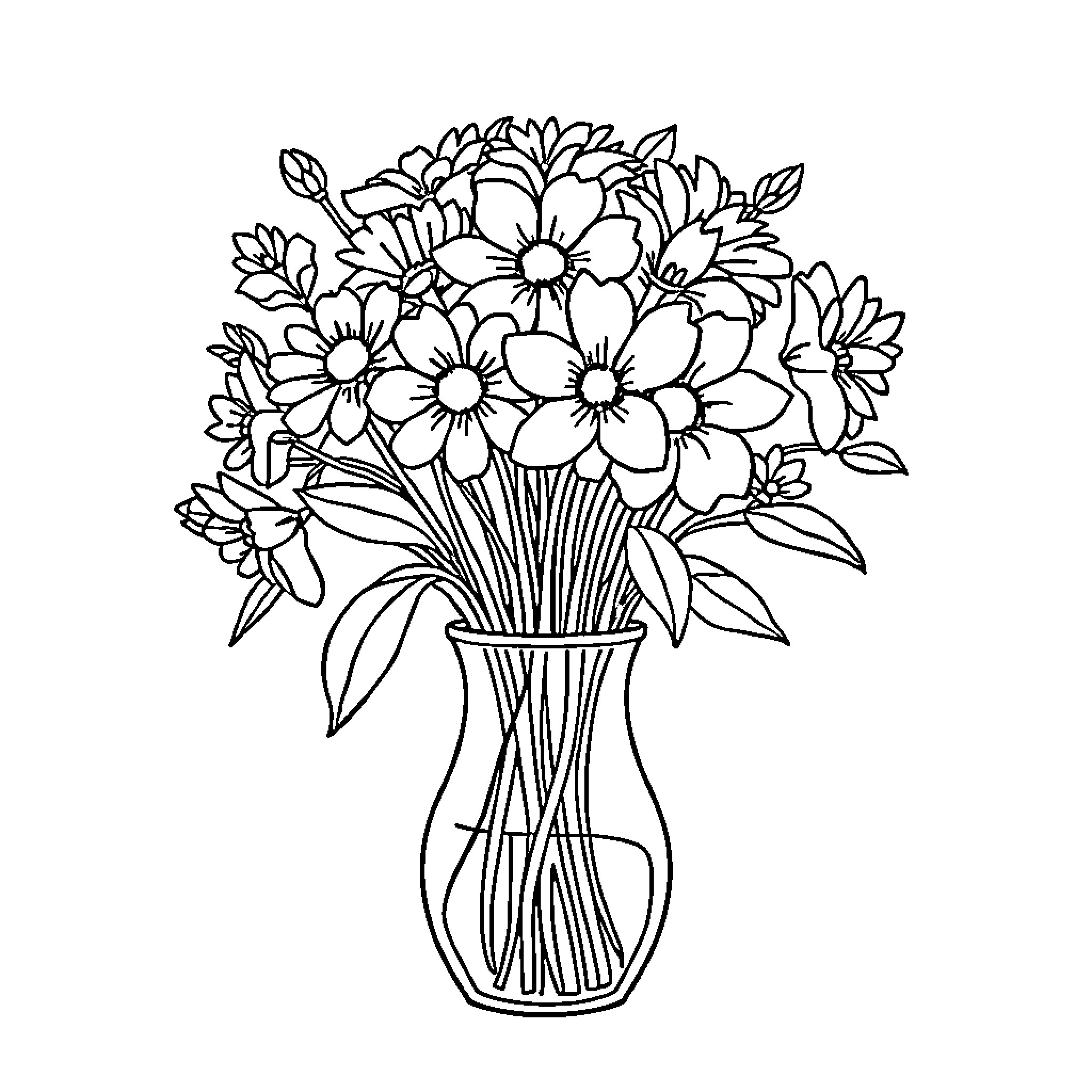 Flower bouquet in a glass vase Coloring Page (free black-and-white line drawing printable PDF for all, from beginners to advanced learners, including children, teens, adults, and seniors)