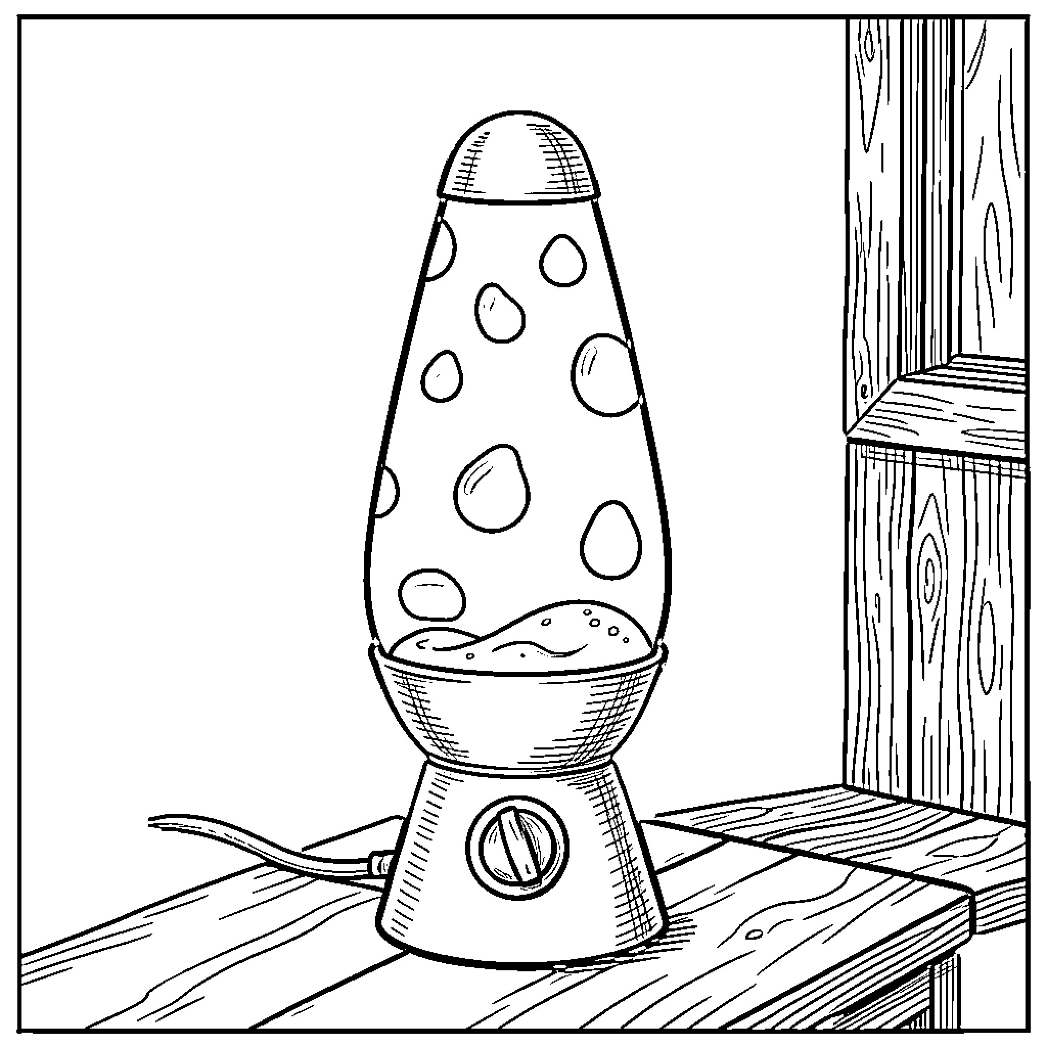 Lava Lamp with Distinctive Patterns on Wooden Table Coloring Page (free black-and-white line drawing printable PDF for all, from beginners to advanced learners, including children, teens, adults, and seniors)