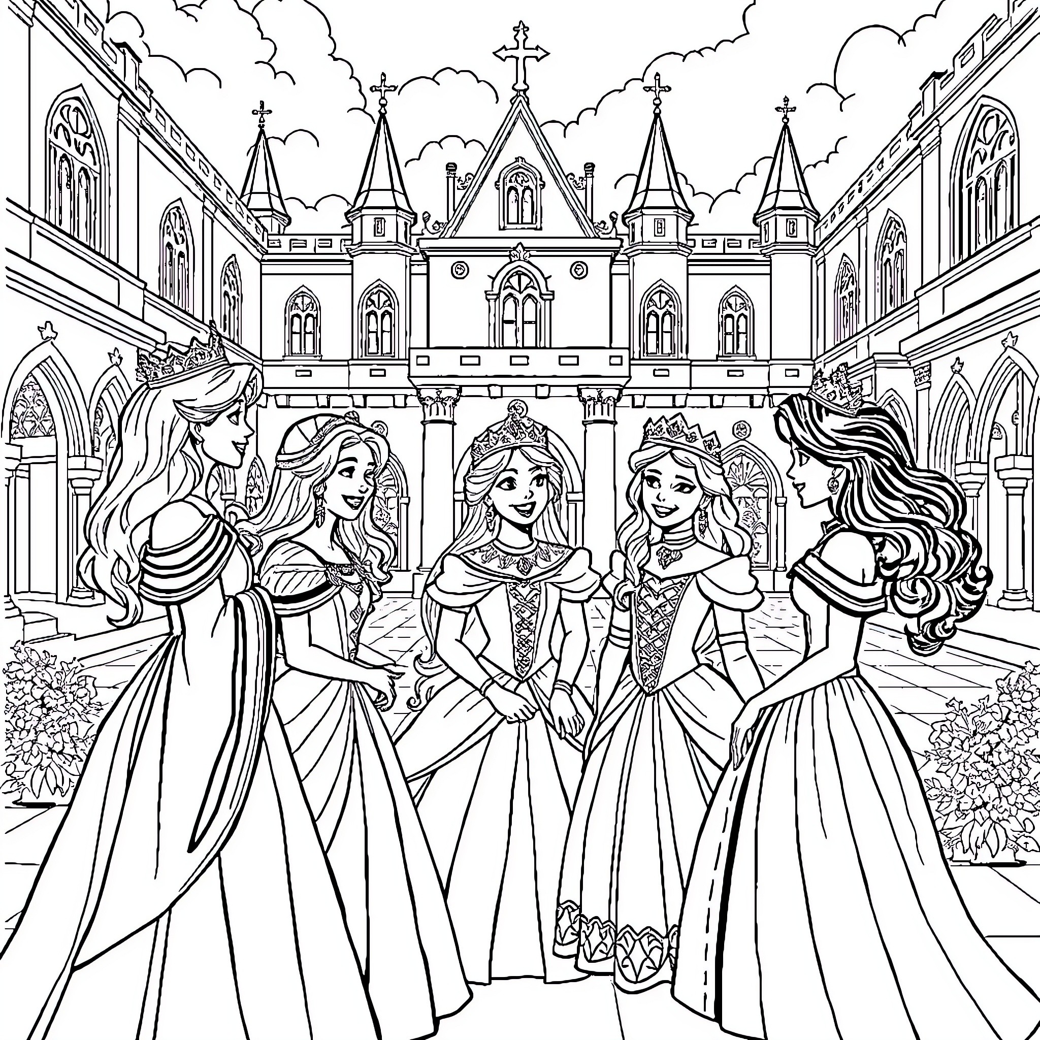 Prince and Princesses at Royal Castle Coloring Page (free black-and-white line drawing printable PDF for all, from beginners to advanced learners, including children, teens, adults, and seniors)
