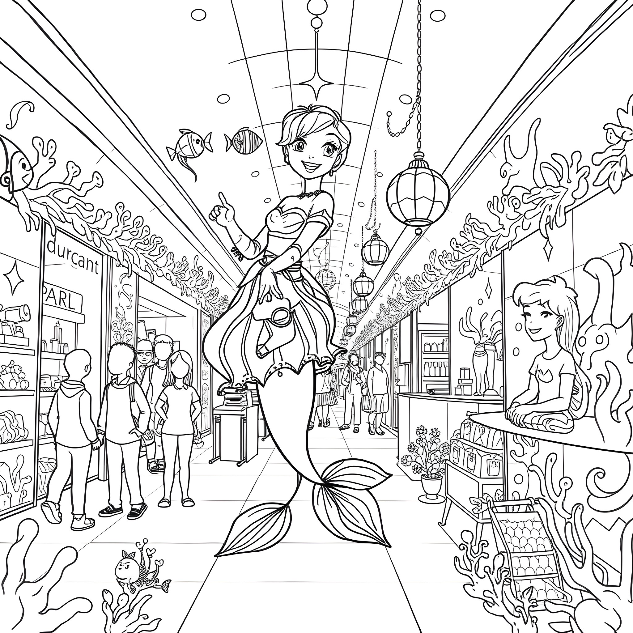 Mermaid exploring the vibrant underwater city Coloring Page (free black-and-white line drawing printable PDF for all, from beginners to advanced learners, including children, teens, adults, and seniors)