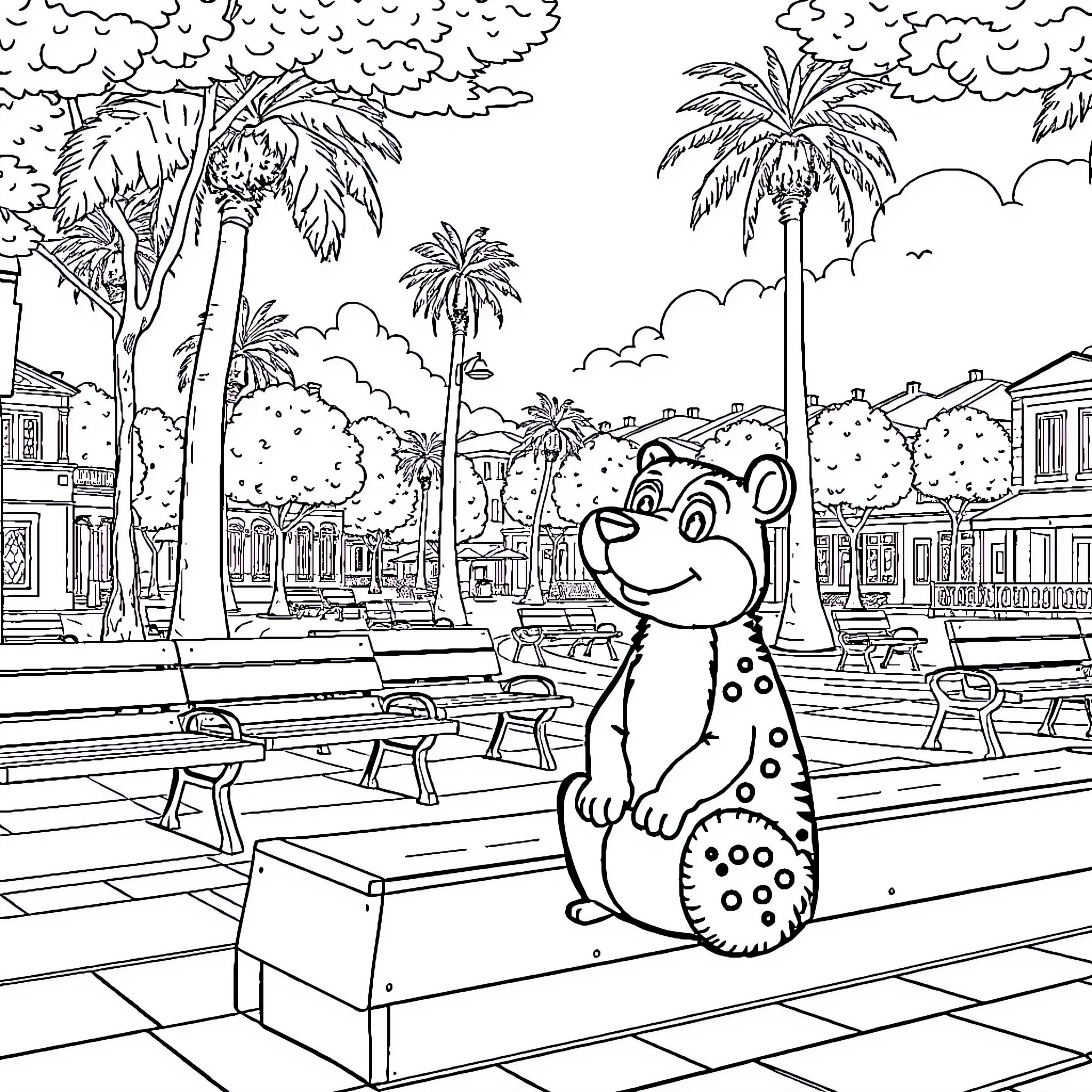 La Gugu's Tropical Adventure Coloring Page (free black-and-white line drawing printable PDF for all, from beginners to advanced learners, including children, teens, adults, and seniors)