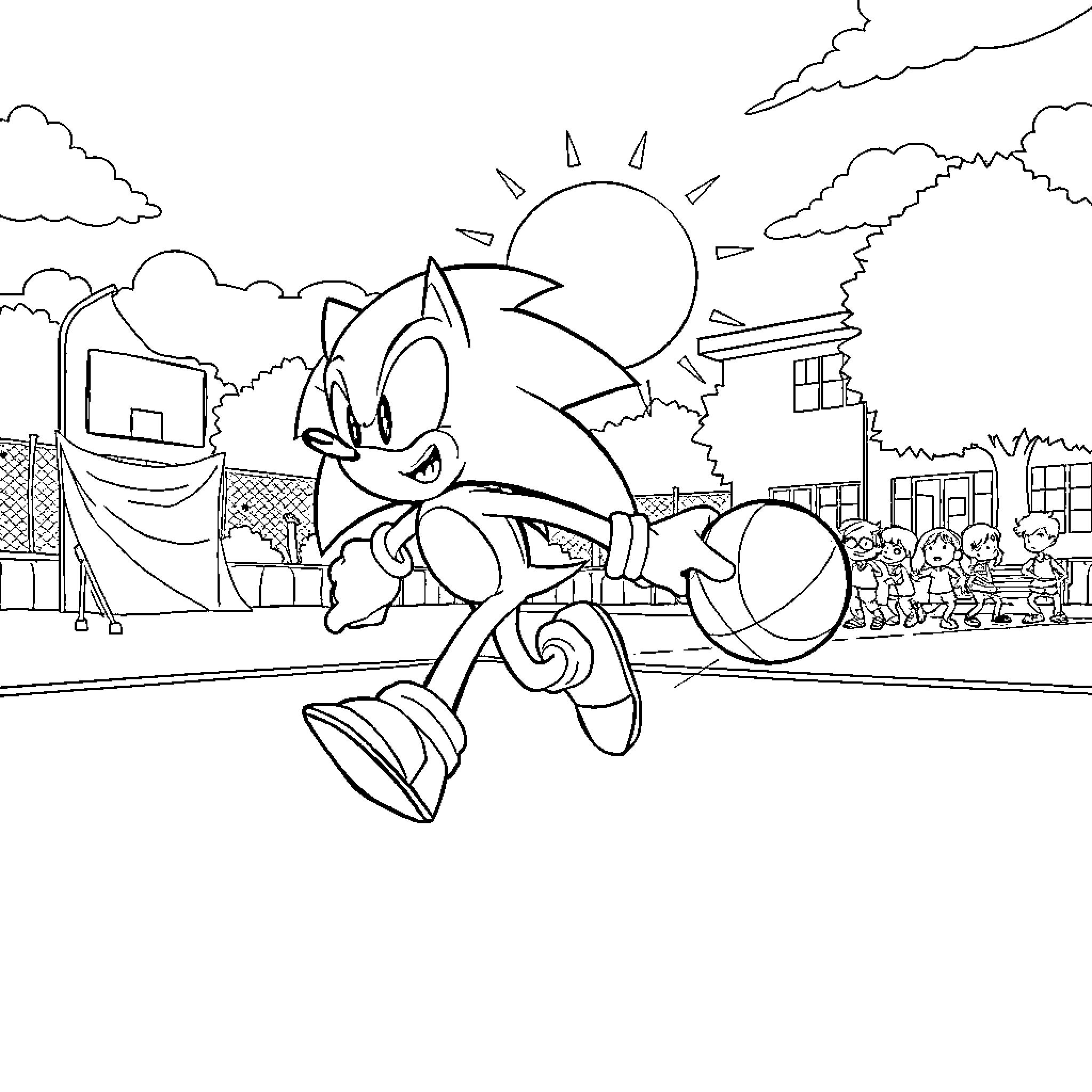 Sonic running through an energetic neighborhood Coloring Page (free black-and-white line drawing printable PDF for all, from beginners to advanced learners, including children, teens, adults, and seniors)