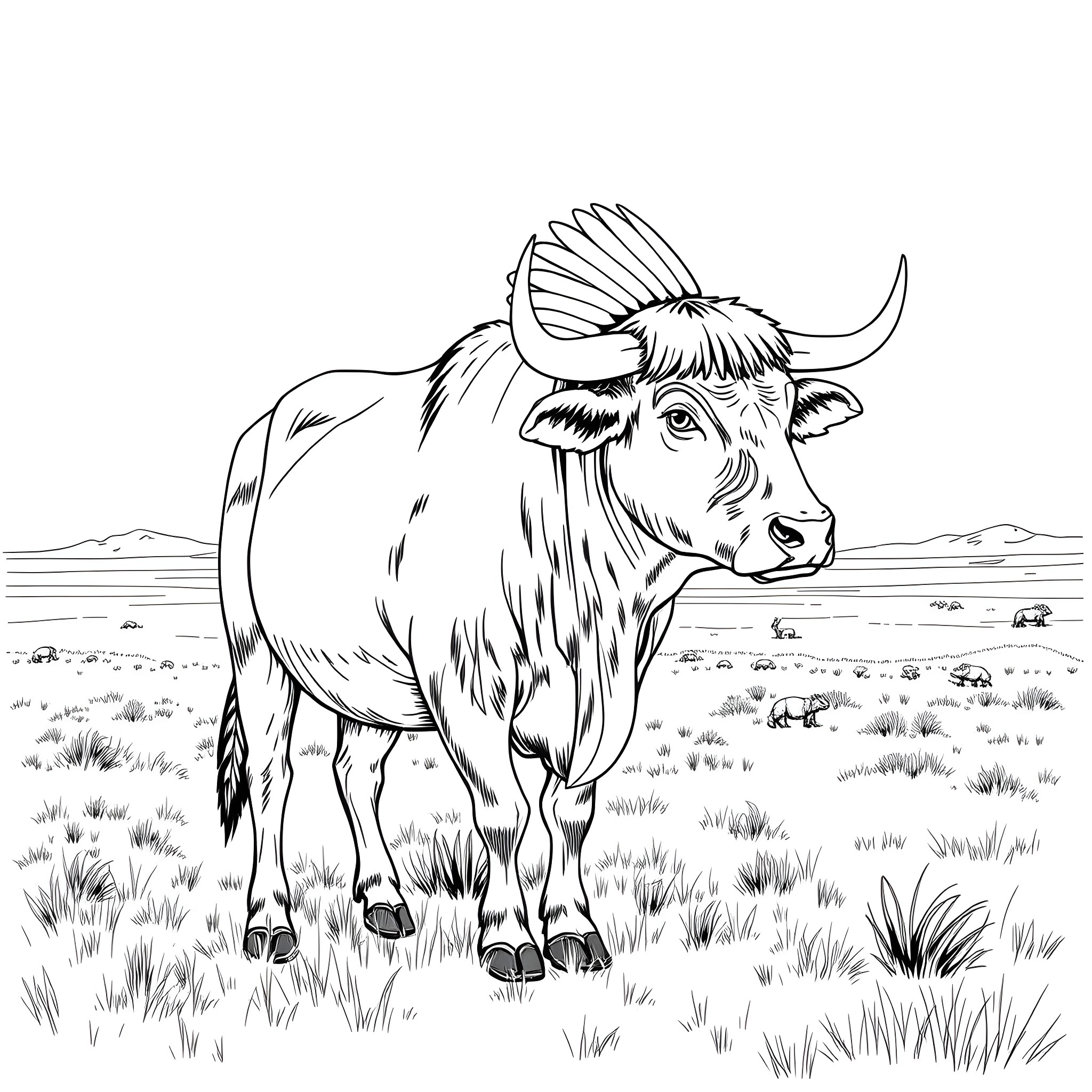 Ox standing alone in the meadow Coloring Page (free black-and-white line drawing printable PDF for all, from beginners to advanced learners, including children, teens, adults, and seniors)