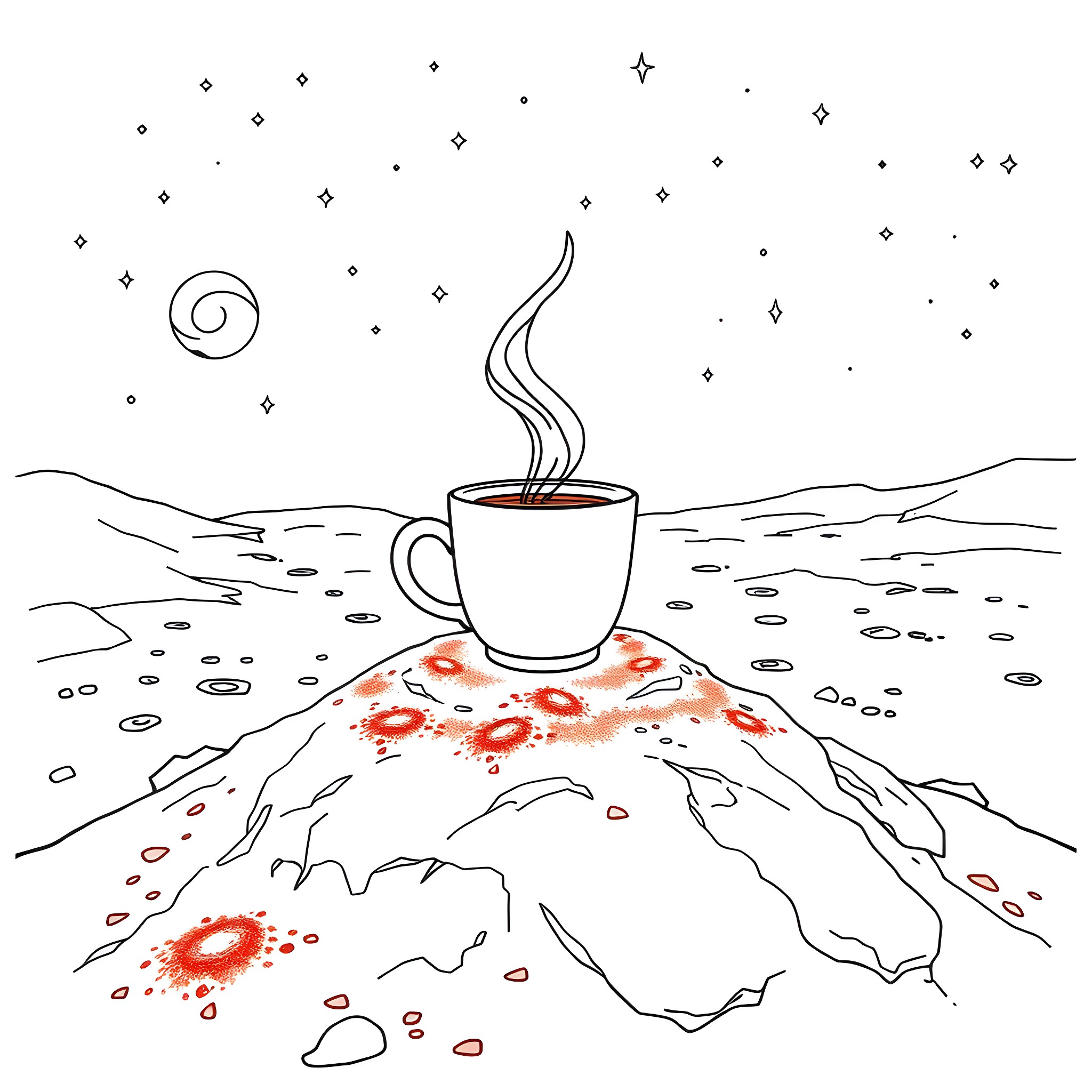 Cup of Steaming Beverage Under the Starry Night Sky Coloring Page (free black-and-white line drawing printable PDF for all, from beginners to advanced learners, including children, teens, adults, and seniors)