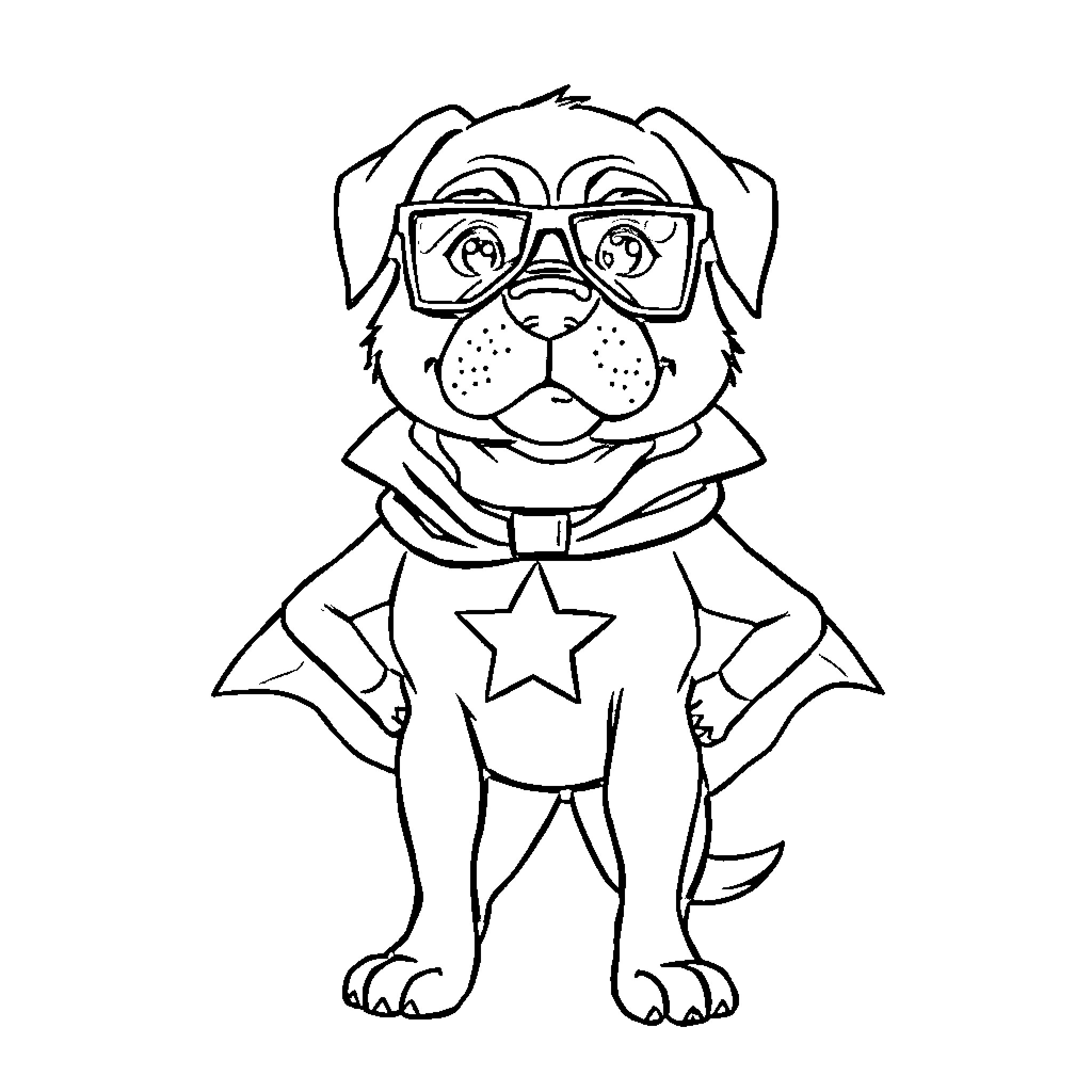 Dogman in Superhero Costume with Glasses Coloring Page (free black-and-white line drawing printable PDF for all, from beginners to advanced learners, including children, teens, adults, and seniors)