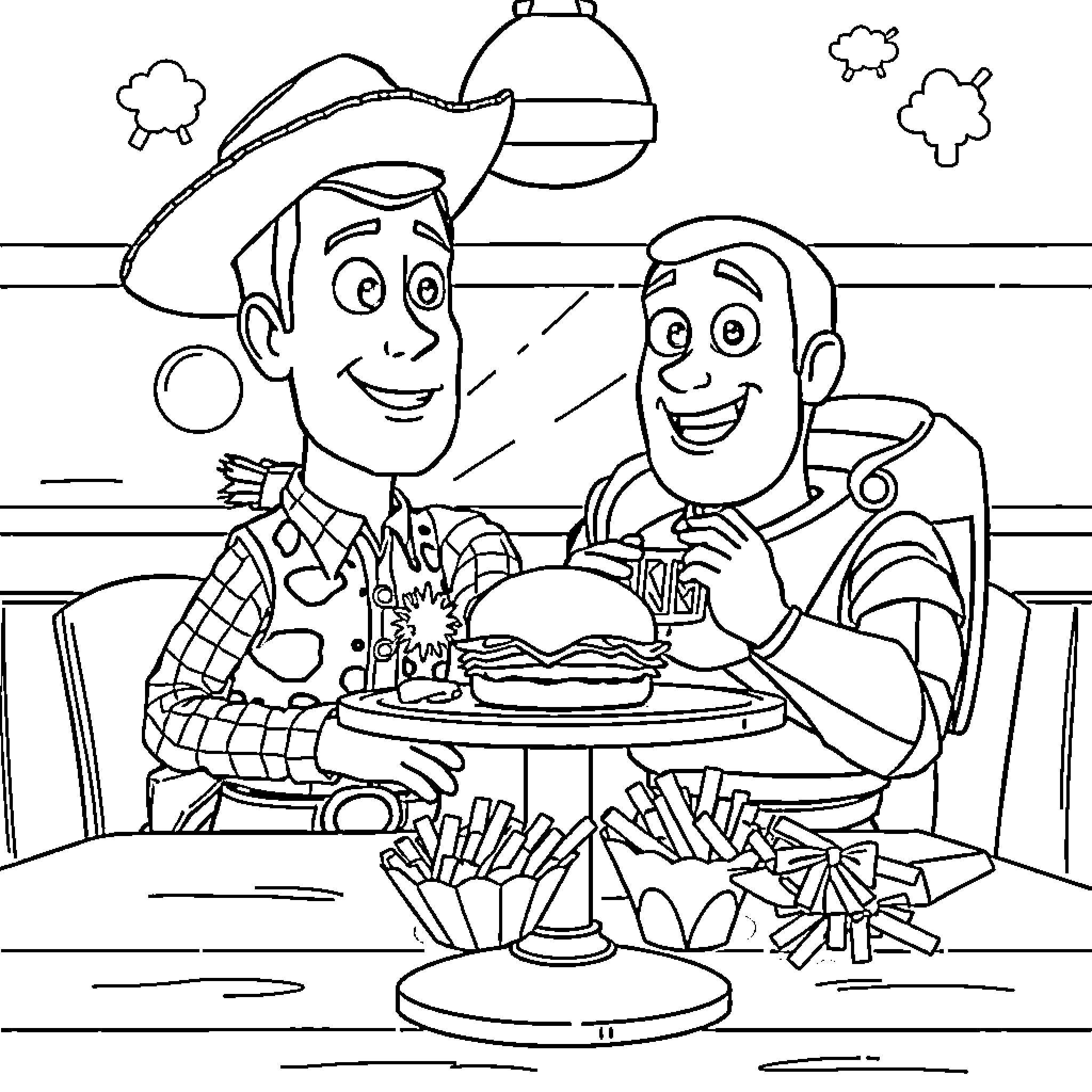 Woody and Buzz enjoying a burger and fries Coloring Page (free black-and-white line drawing printable PDF for all, from beginners to advanced learners, including children, teens, adults, and seniors)