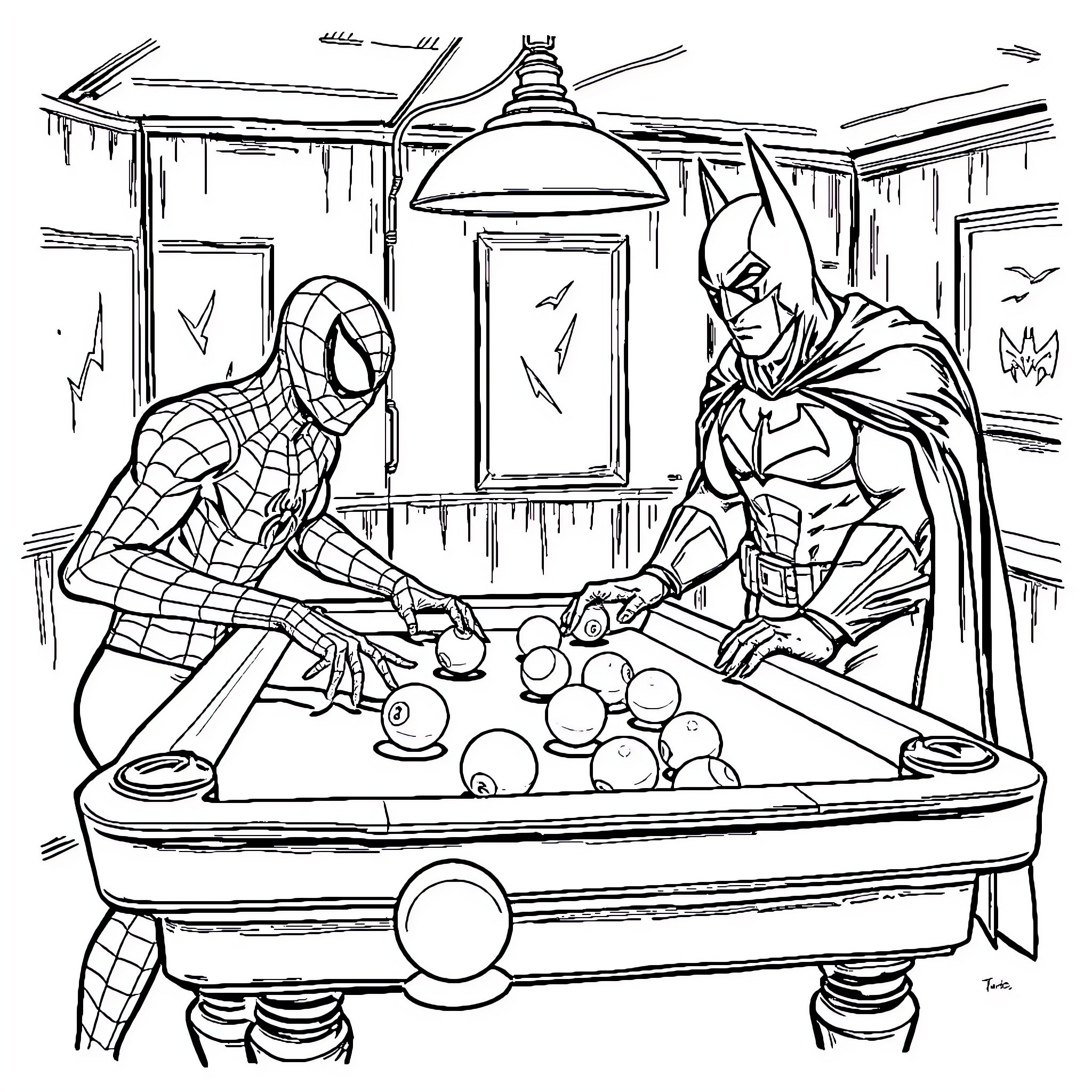 Spider-Man and Batman playing pool together Coloring Page (free black-and-white line drawing printable PDF for all, from beginners to advanced learners, including children, teens, adults, and seniors)