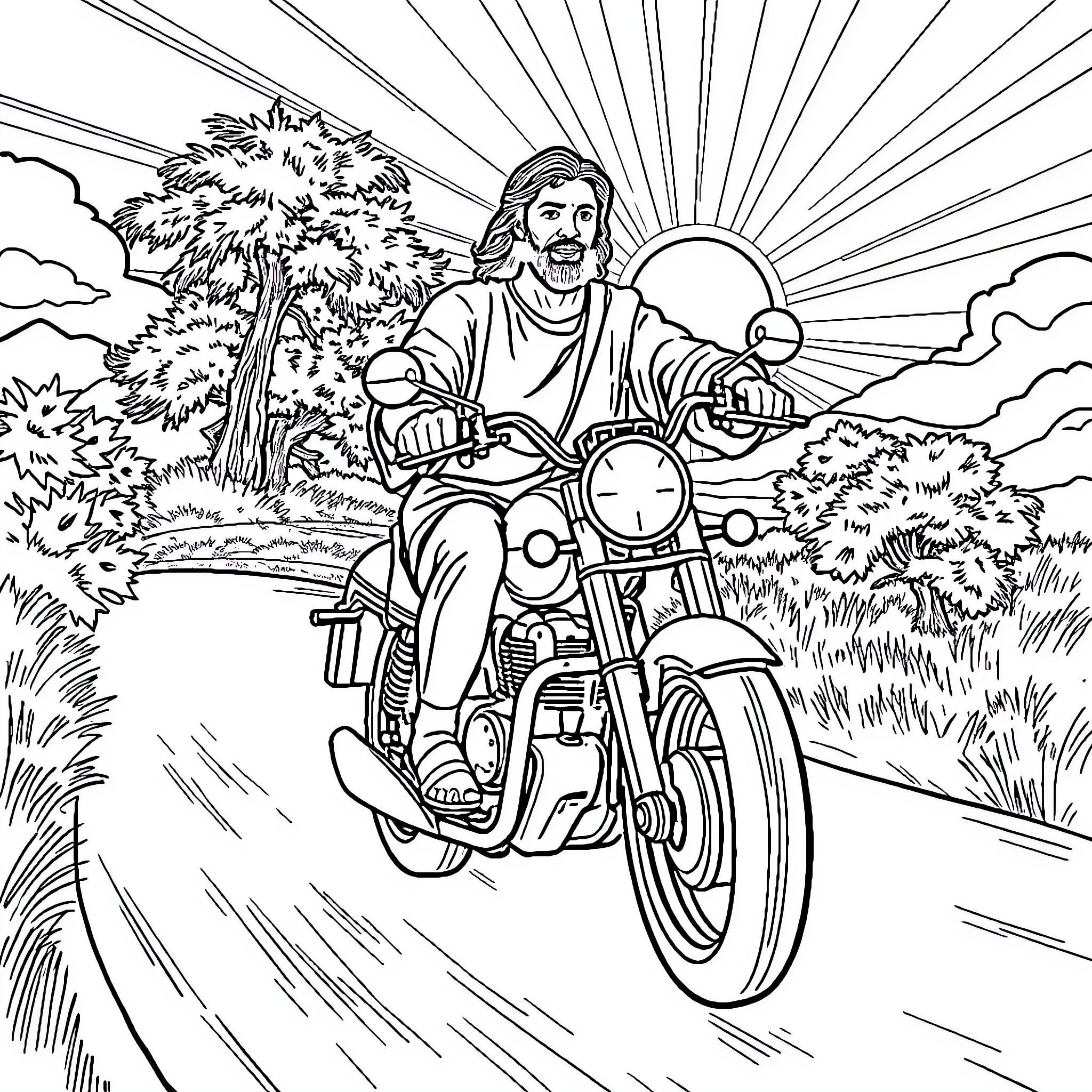 Jesus rides a motorcycle through the countryside Coloring Page (free black-and-white line drawing printable PDF for all, from beginners to advanced learners, including children, teens, adults, and seniors)
