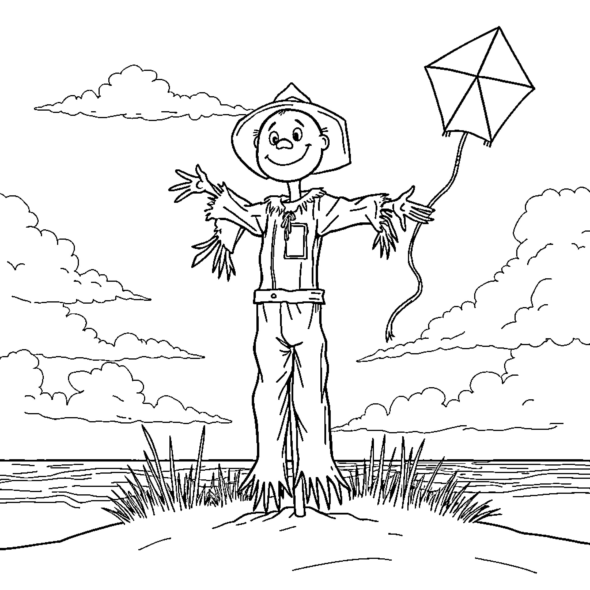 Scarecrow flying a kite in a scenic landscape Coloring Page (free black-and-white line drawing printable PDF for all, from beginners to advanced learners, including children, teens, adults, and seniors)