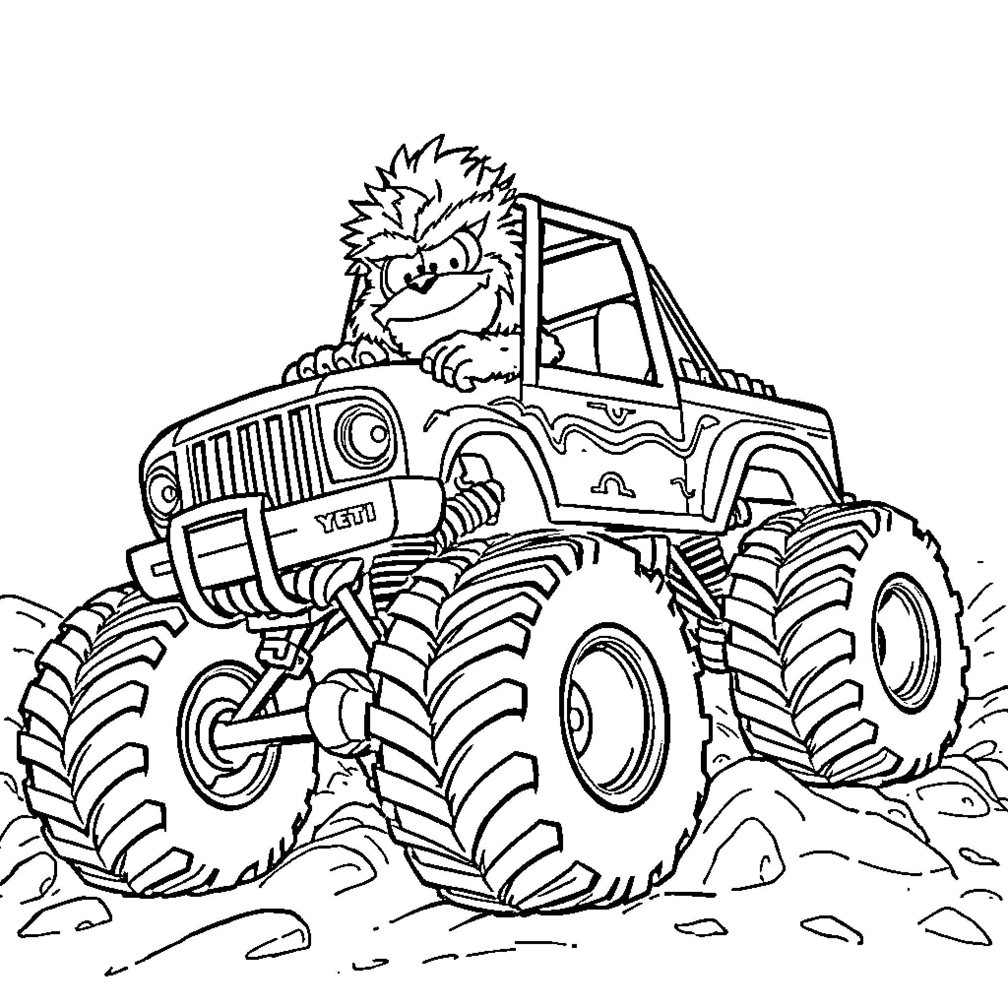 Yeti driving a monster truck through the wilderness Coloring Page (free black-and-white line drawing printable PDF for all, from beginners to advanced learners, including children, teens, adults, and seniors)