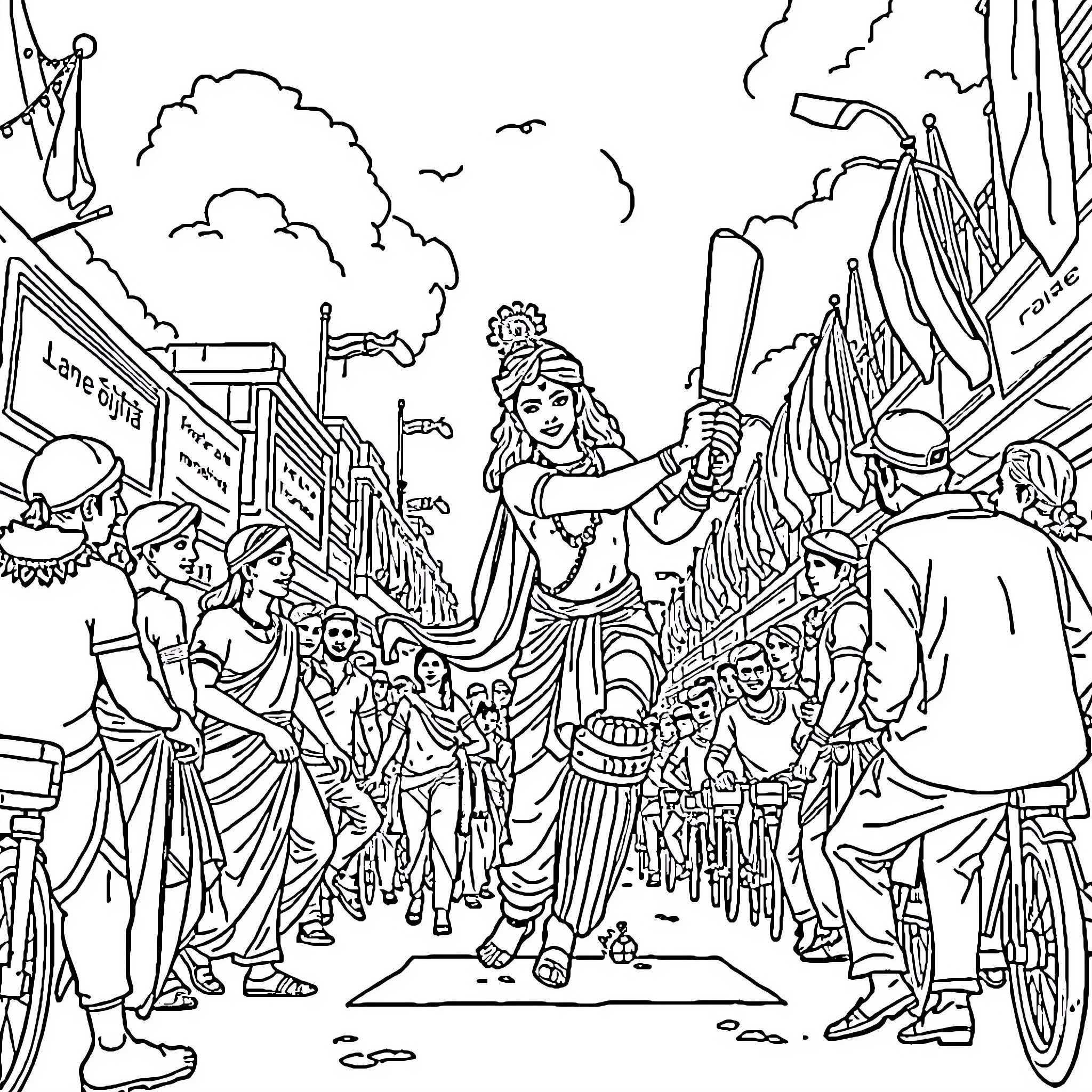 Krishna leading a joyous festival procession Coloring Page (free black-and-white line drawing printable PDF for all, from beginners to advanced learners, including children, teens, adults, and seniors)