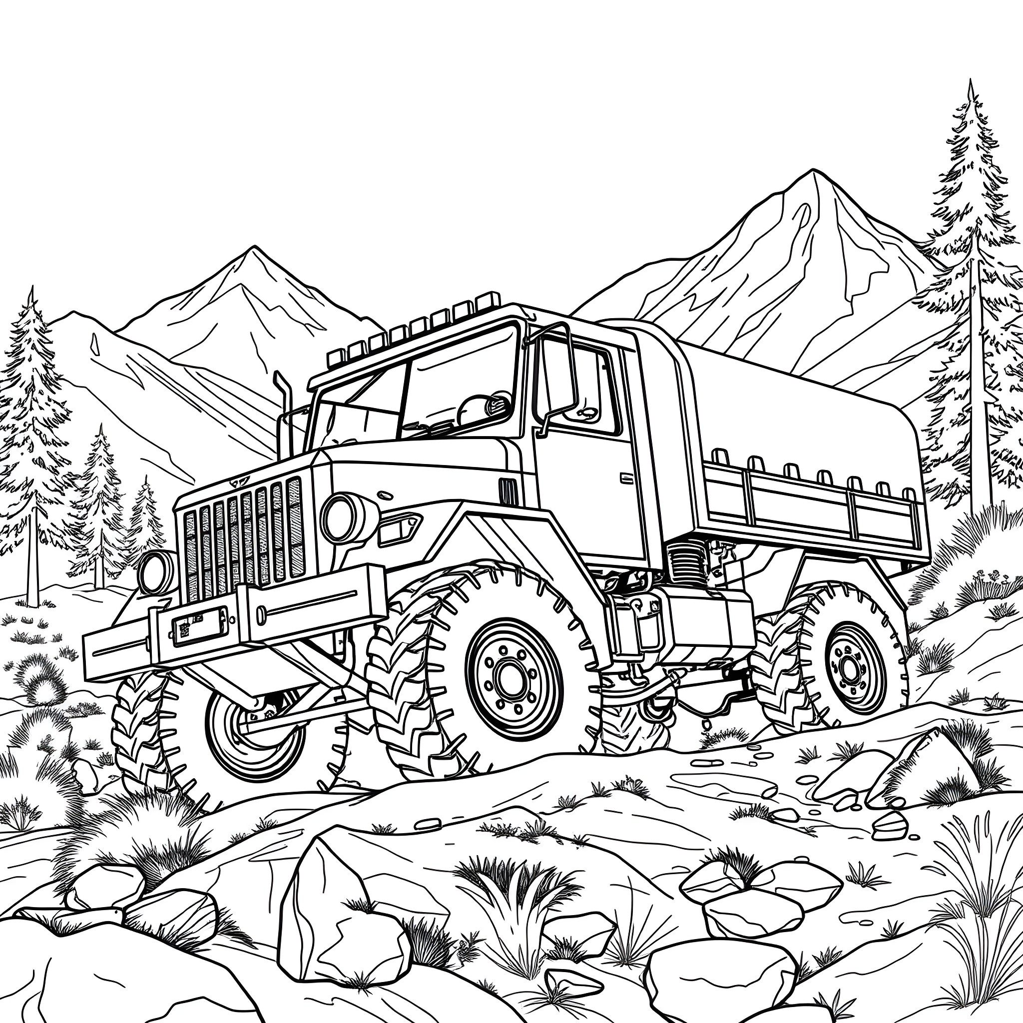 Truck navigating through rugged mountain terrain Coloring Page (free black-and-white line drawing printable PDF for all, from beginners to advanced learners, including children, teens, adults, and seniors)