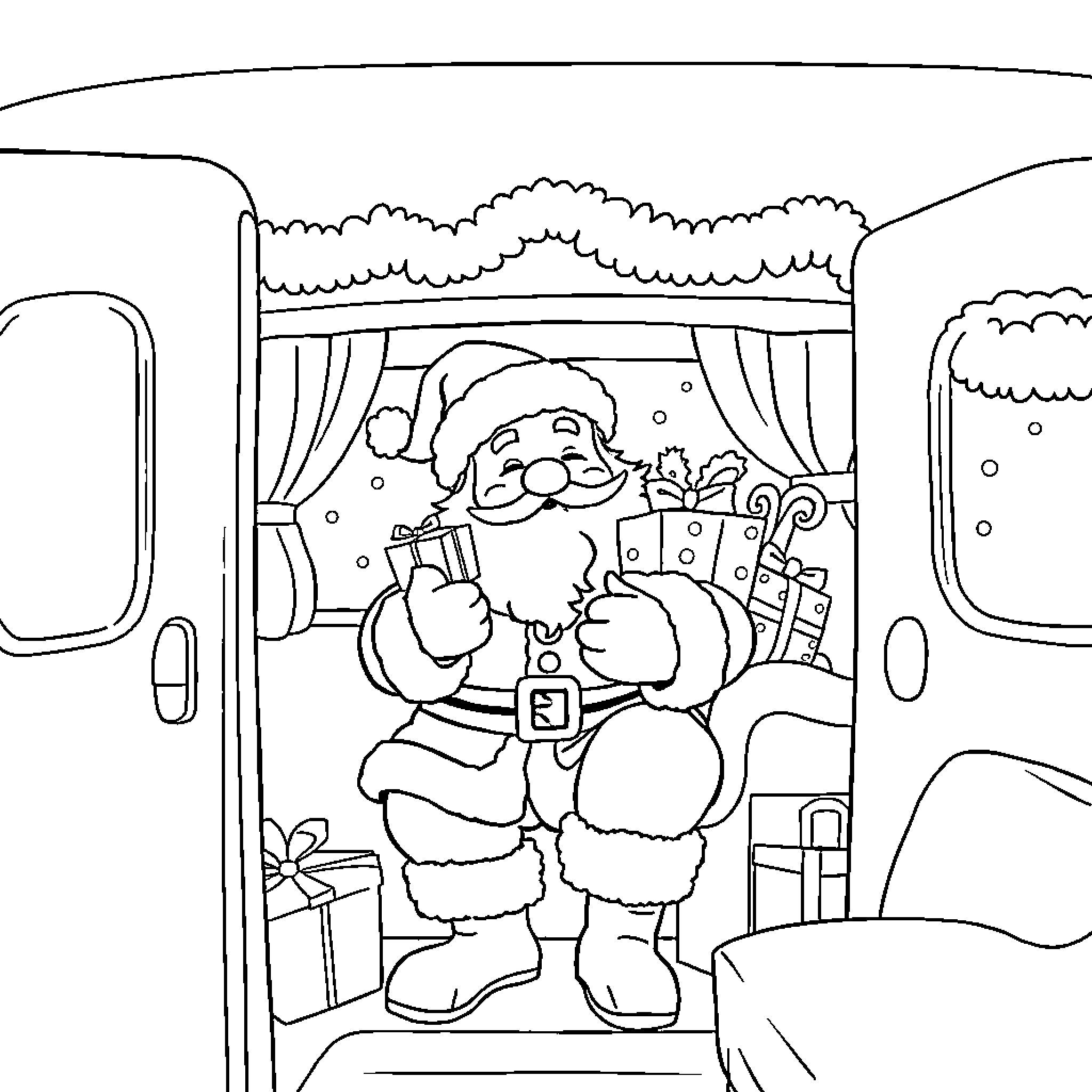 Santa Claus delivering gifts in his sleigh Coloring Page (free black-and-white line drawing printable PDF for all, from beginners to advanced learners, including children, teens, adults, and seniors)