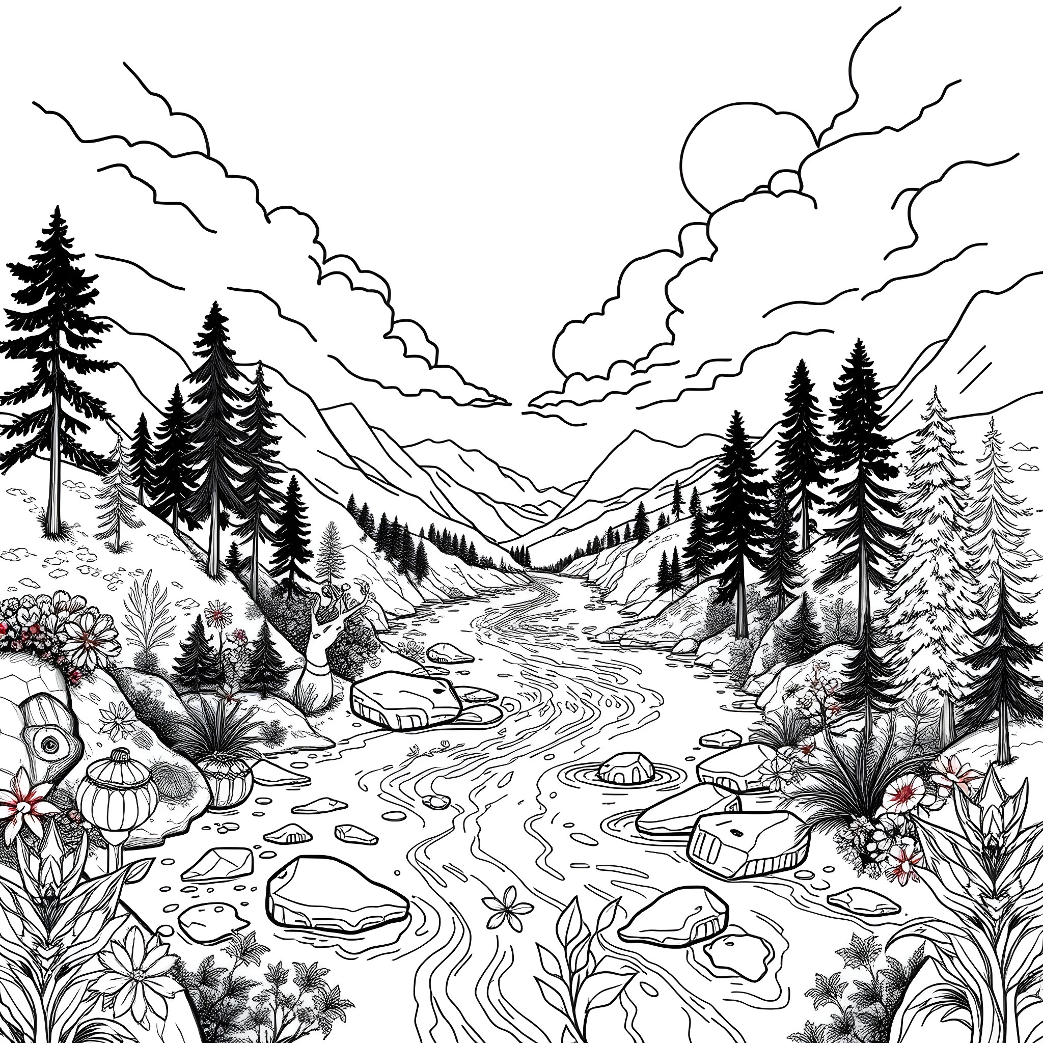 River flowing through the serene mountain landscape Coloring Page (free black-and-white line drawing printable PDF for all, from beginners to advanced learners, including children, teens, adults, and seniors)