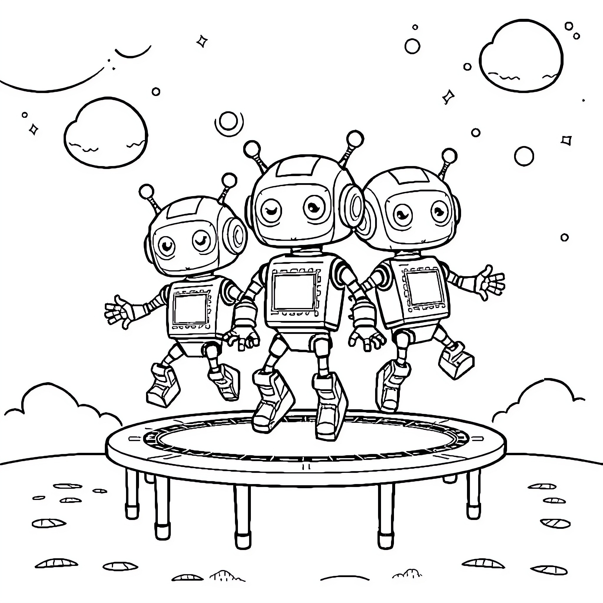 Robot friends enjoying a space trampoline adventure Coloring Page (free black-and-white line drawing printable PDF for all, from beginners to advanced learners, including children, teens, adults, and seniors)