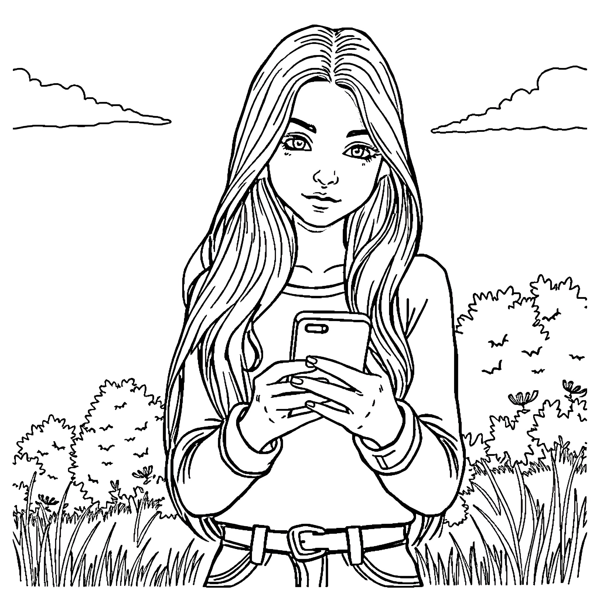 Girl using smartphone in nature Coloring Page (free black-and-white line drawing printable PDF for all, from beginners to advanced learners, including children, teens, adults, and seniors)