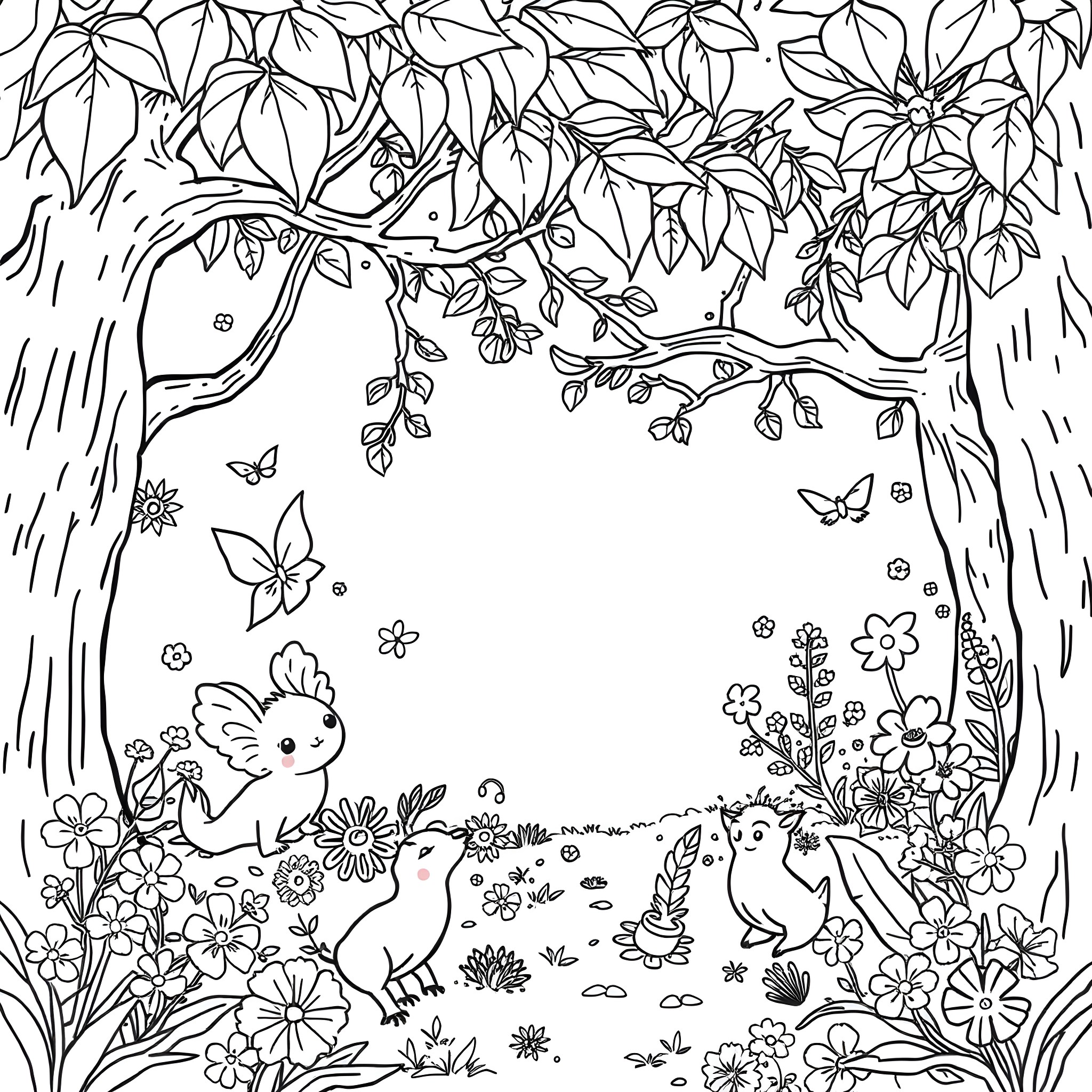 Titys Floral Garden with Woodland Creatures Coloring Page (free black-and-white line drawing printable PDF for all, from beginners to advanced learners, including children, teens, adults, and seniors)