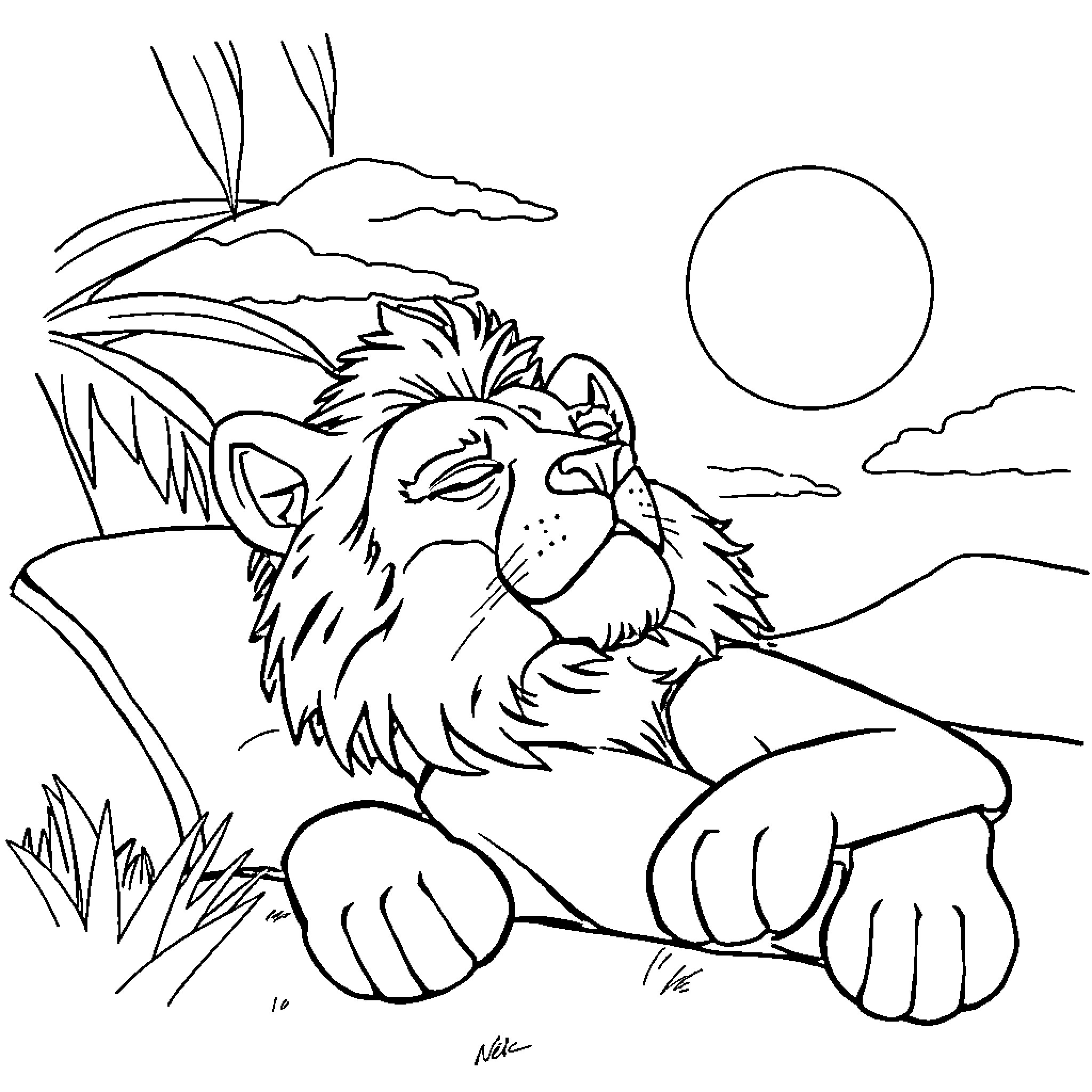 Lion resting peacefully in the wilderness Coloring Page (free black-and-white line drawing printable PDF for all, from beginners to advanced learners, including children, teens, adults, and seniors)