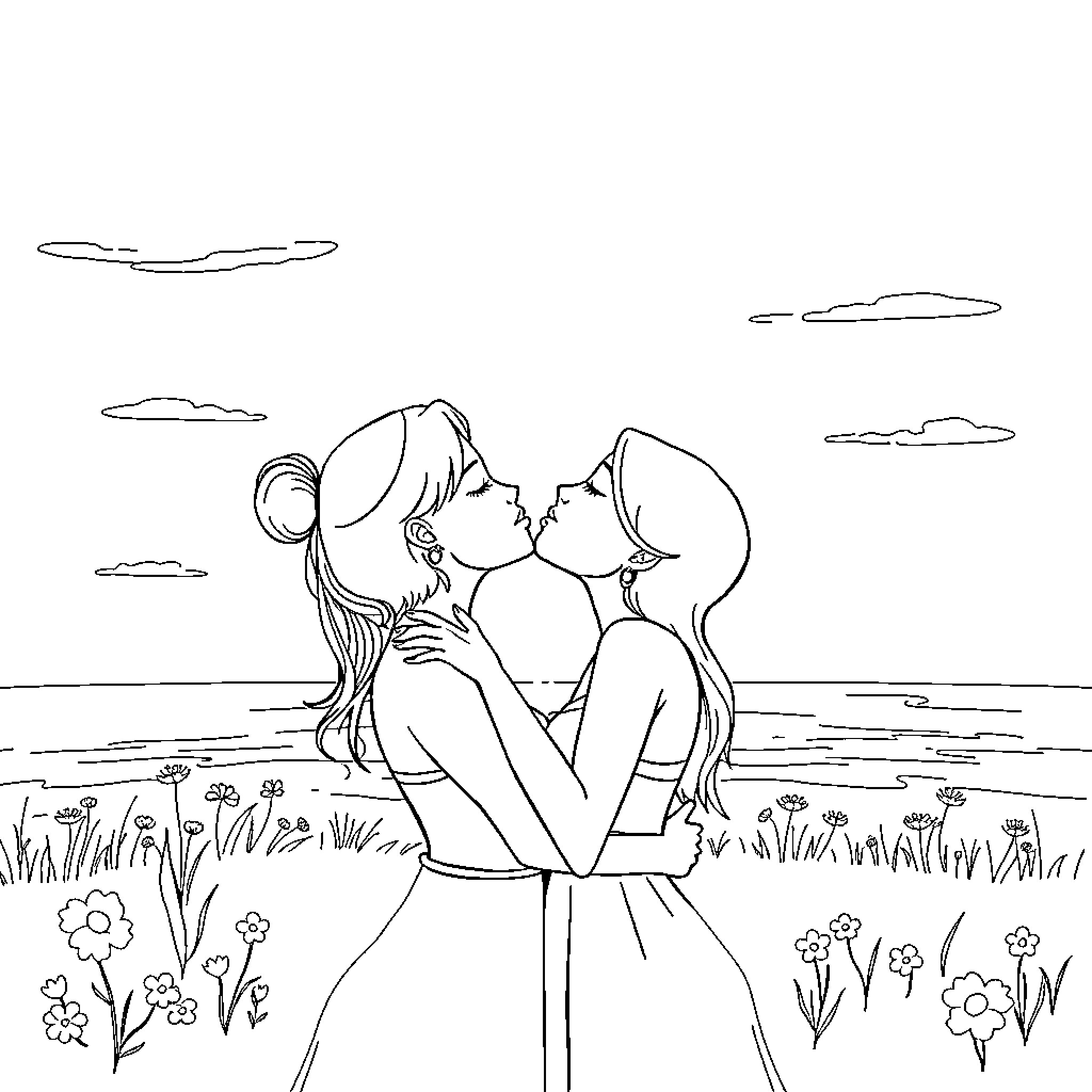 Lesbian couple sharing an intimate embrace in nature Coloring Page (free black-and-white line drawing printable PDF for all, from beginners to advanced learners, including children, teens, adults, and seniors)
