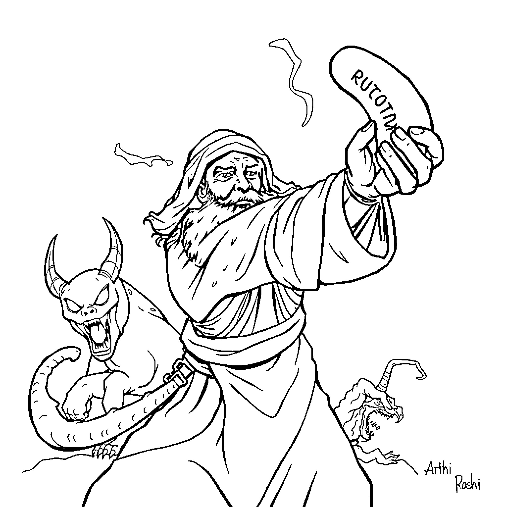 Rumi battling a fearsome demon with determination Coloring Page (free black-and-white line drawing printable PDF for all, from beginners to advanced learners, including children, teens, adults, and seniors)