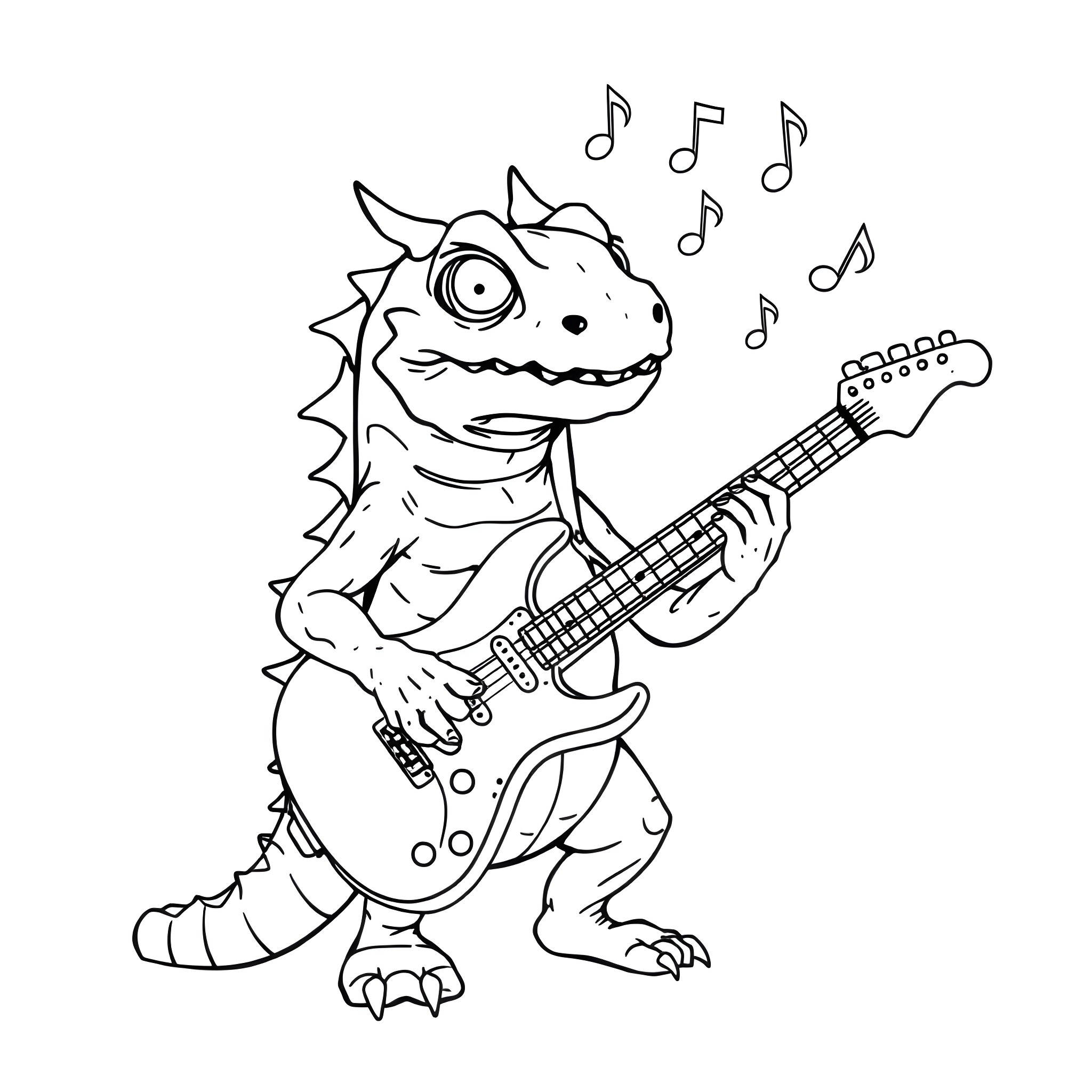 Gilamonster playing electric guitar with music notes Coloring Page (free black-and-white line drawing printable PDF for all, from beginners to advanced learners, including children, teens, adults, and seniors)