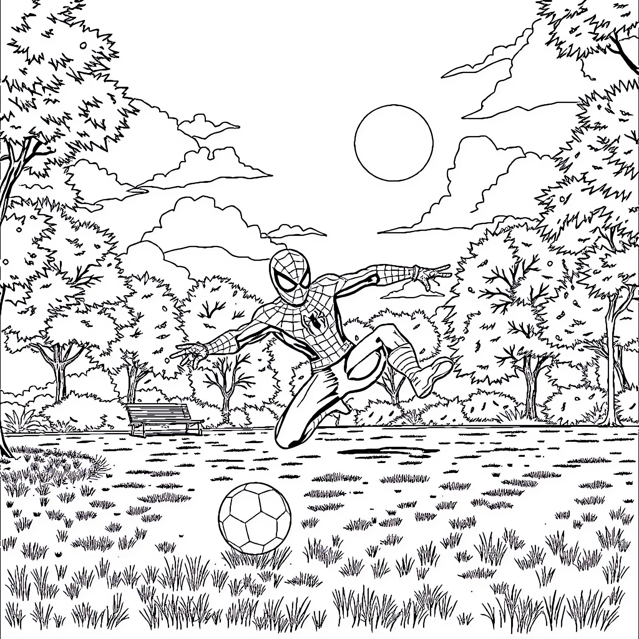 Spiderman swinging through a park with a soccer ball Coloring Page (free black-and-white line drawing printable PDF for all, from beginners to advanced learners, including children, teens, adults, and seniors)