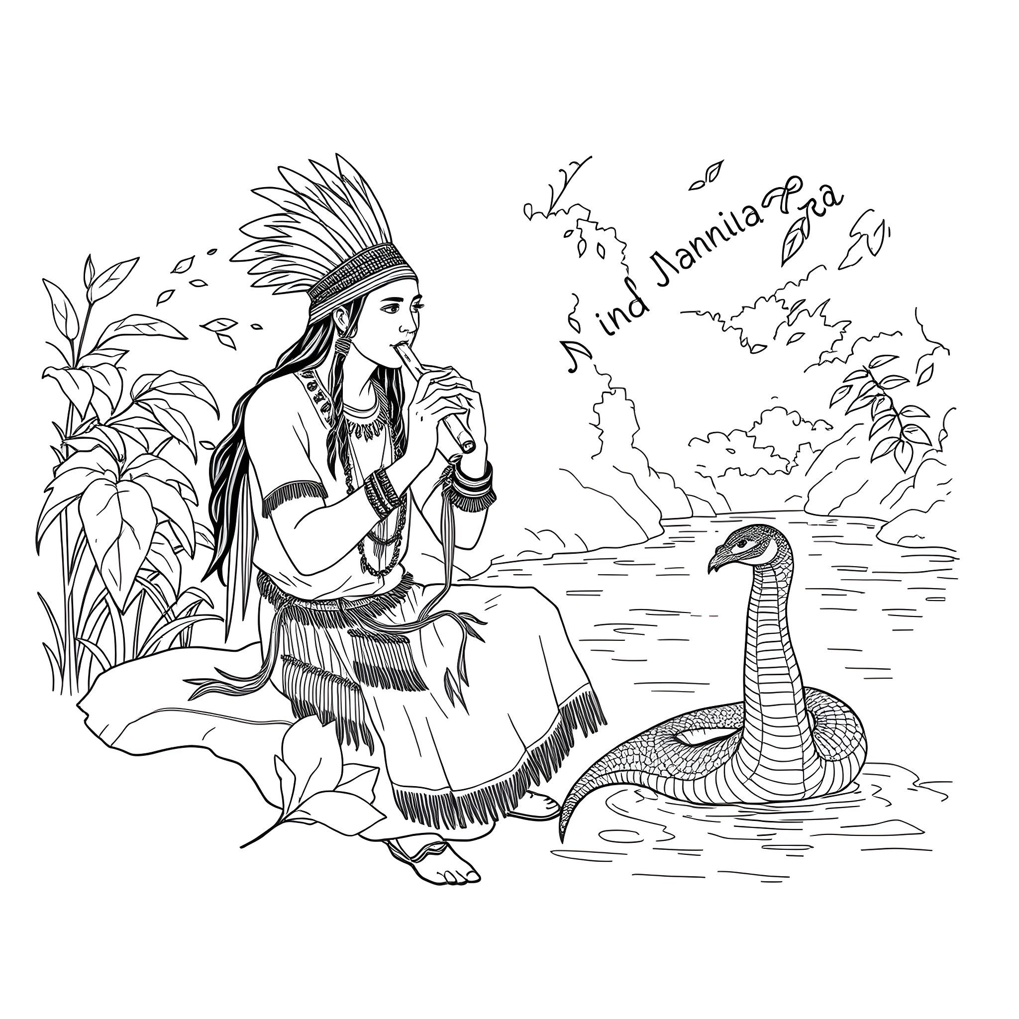 Flute Player Performs for a Snake in the Jungle Coloring Page (free black-and-white line drawing printable PDF for all, from beginners to advanced learners, including children, teens, adults, and seniors)
