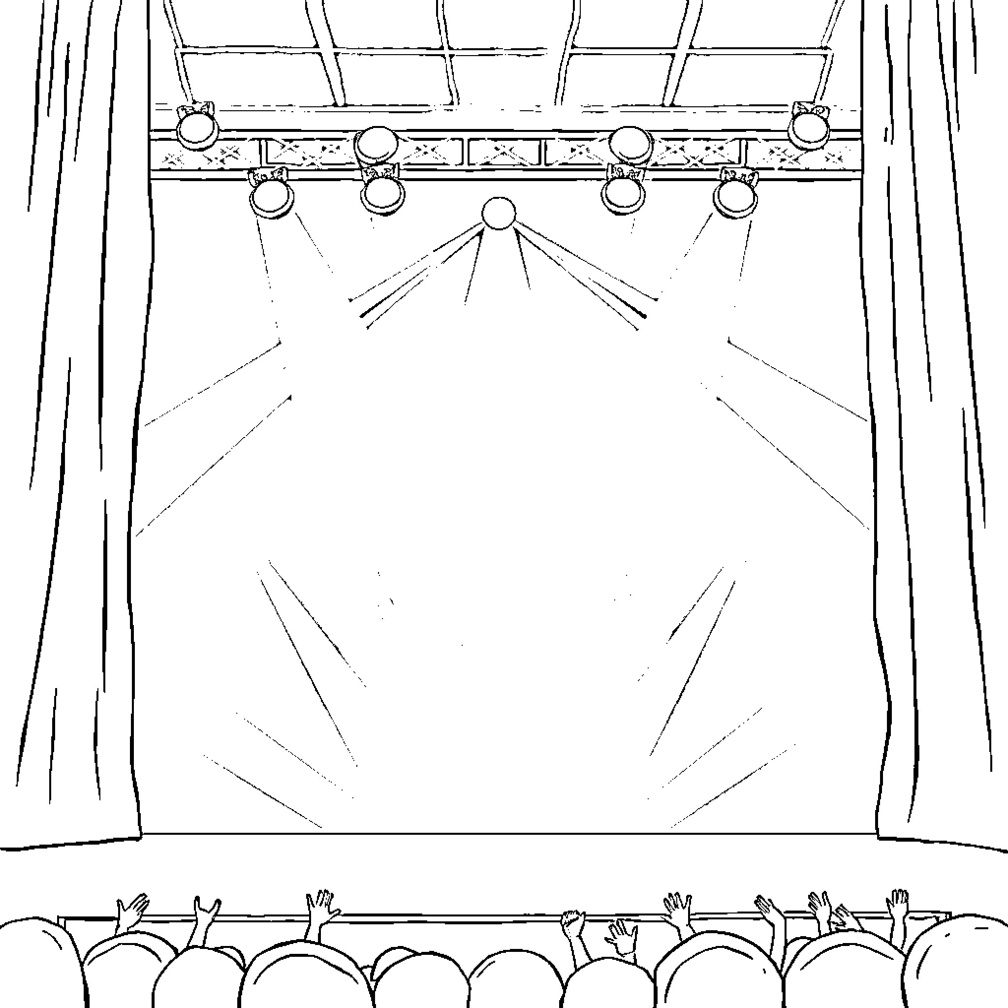 Jamie Campbell Bower on stage with stage lights Coloring Page (free black-and-white line drawing printable PDF for all, from beginners to advanced learners, including children, teens, adults, and seniors)