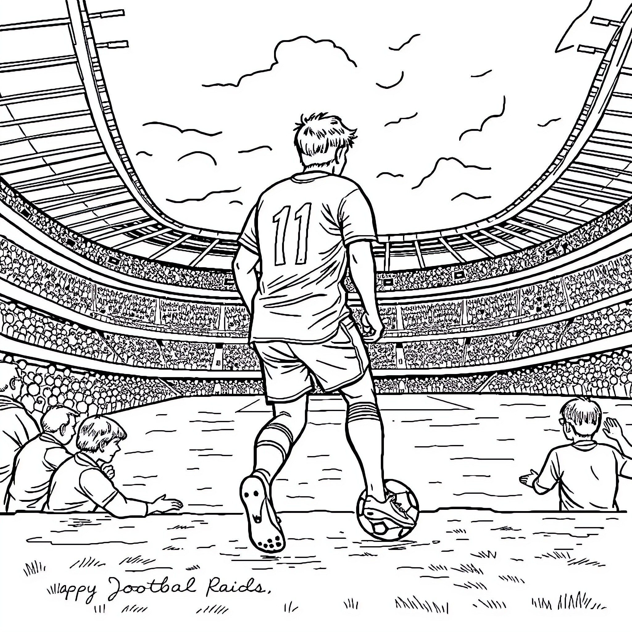 Footballer in action on the field Coloring Page (free black-and-white line drawing printable PDF for all, from beginners to advanced learners, including children, teens, adults, and seniors)
