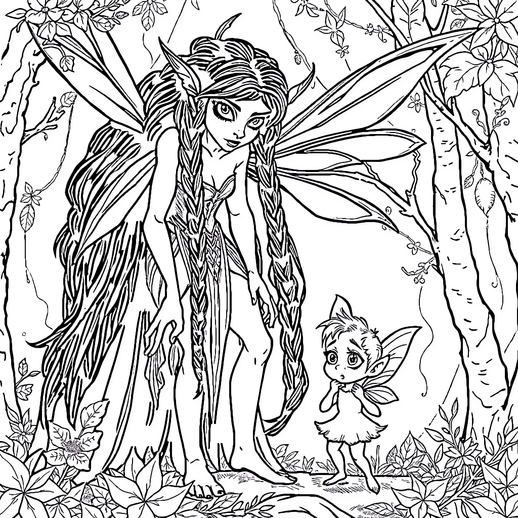 Fairy princess and her forest companion Coloring Page (free black-and-white line drawing printable PDF for all, from beginners to advanced learners, including children, teens, adults, and seniors)
