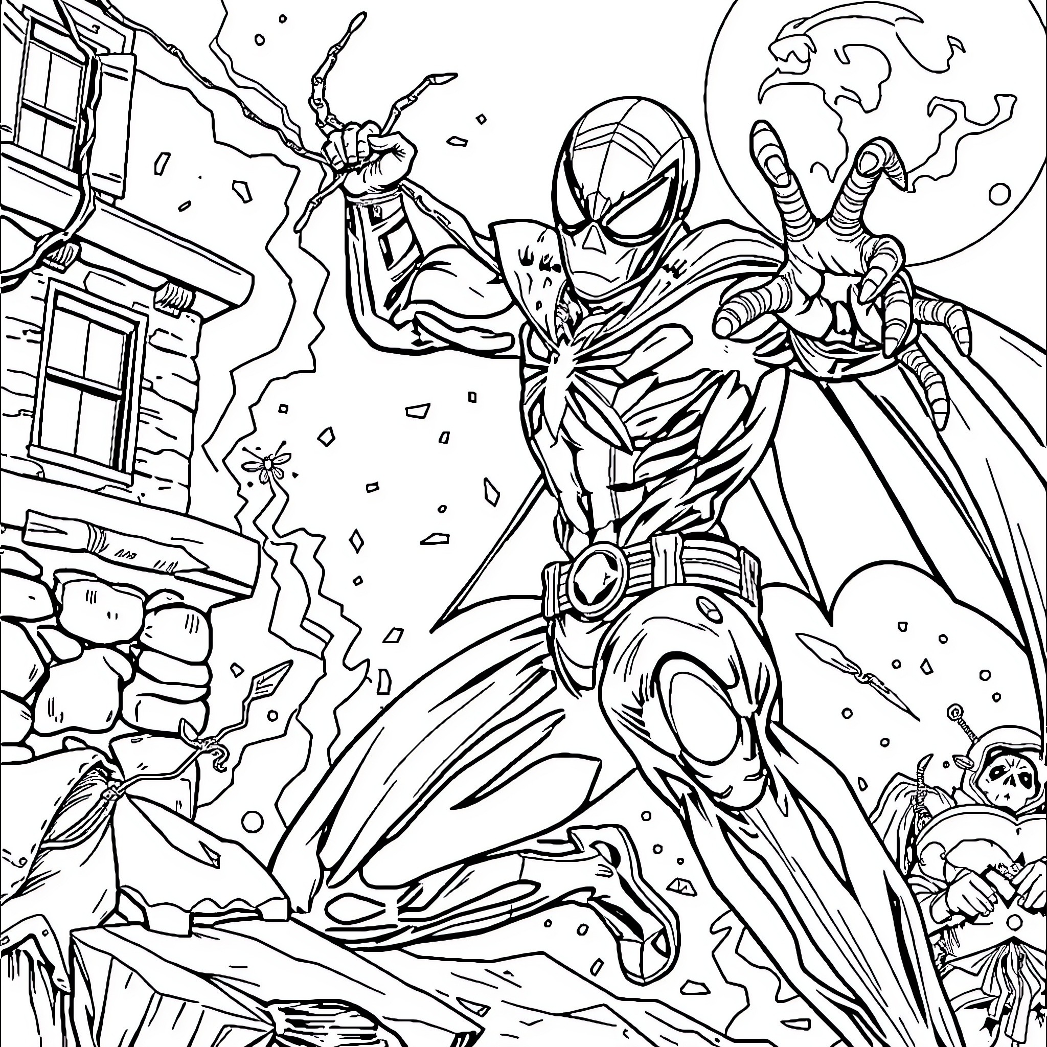 Spider-Man battles villains in a dynamic cityscape Coloring Page (free black-and-white line drawing printable PDF for all, from beginners to advanced learners, including children, teens, adults, and seniors)