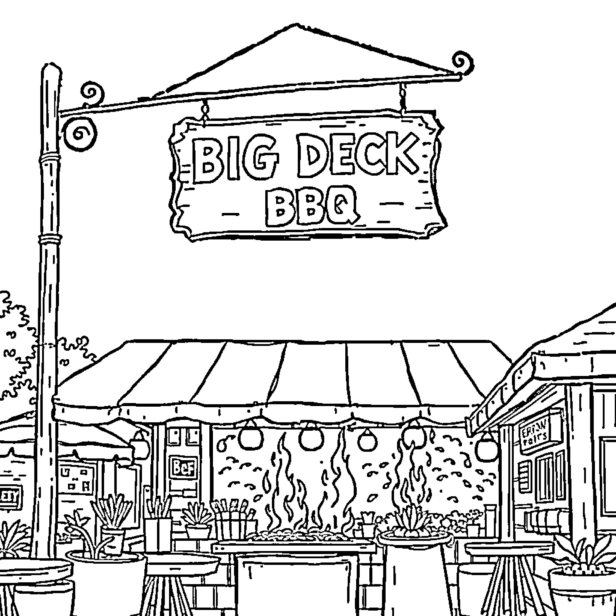 Sign for Big Deck BBQ restaurant Coloring Page (free black-and-white line drawing printable PDF for all, from beginners to advanced learners, including children, teens, adults, and seniors)