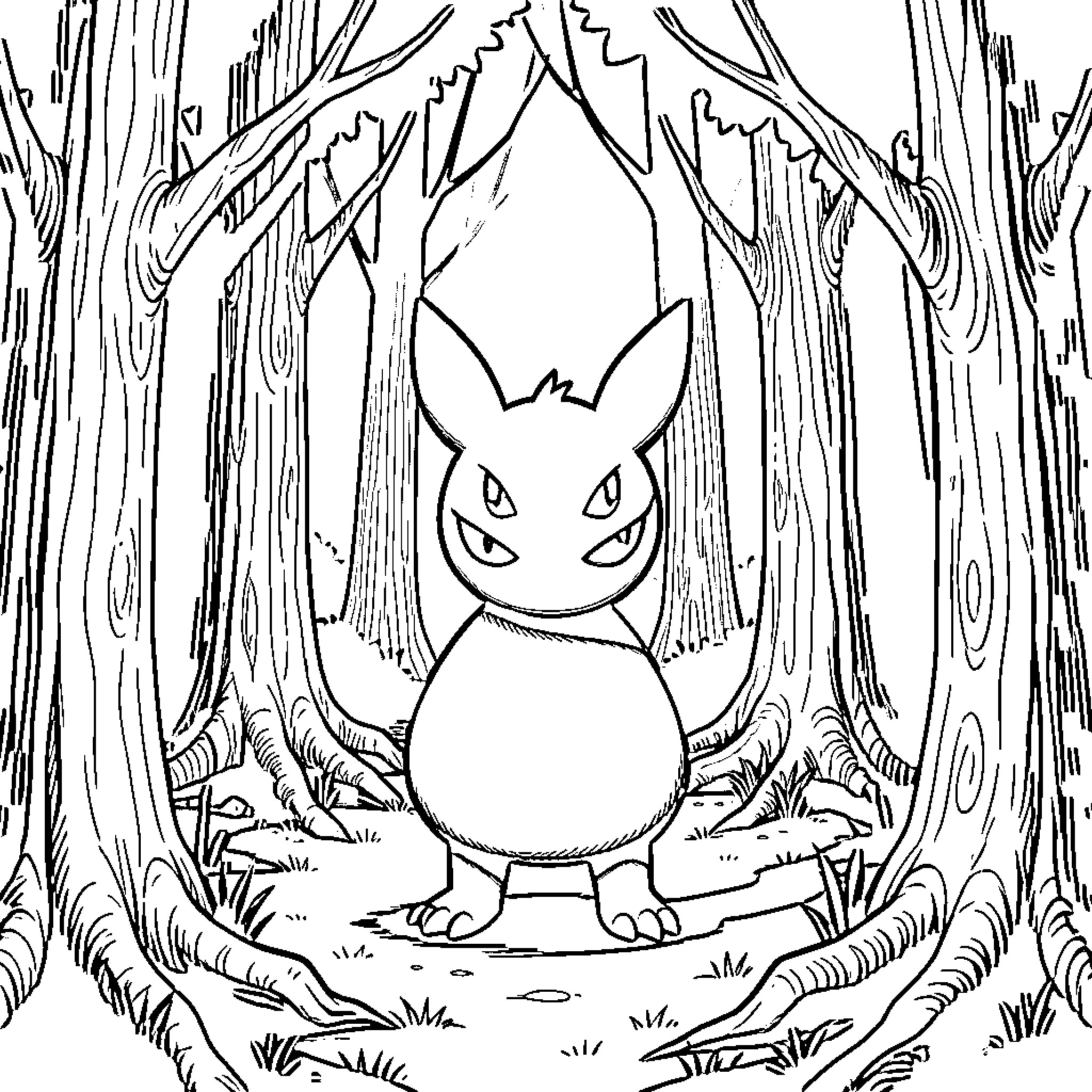 Umbreon lurking in the mysterious forest Coloring Page (free black-and-white line drawing printable PDF for all, from beginners to advanced learners, including children, teens, adults, and seniors)