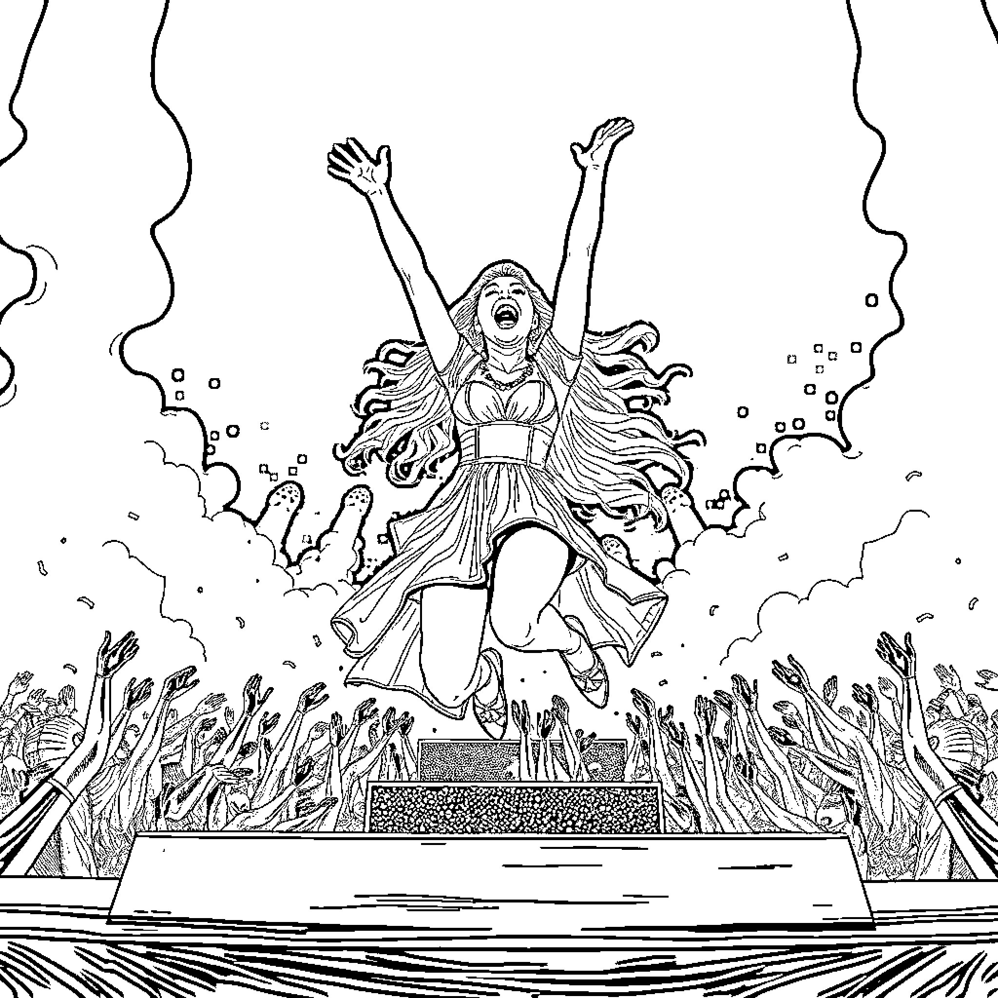 Lady Gaga Performs Energetic Concert on Stage Coloring Page (free black-and-white line drawing printable PDF for all, from beginners to advanced learners, including children, teens, adults, and seniors)