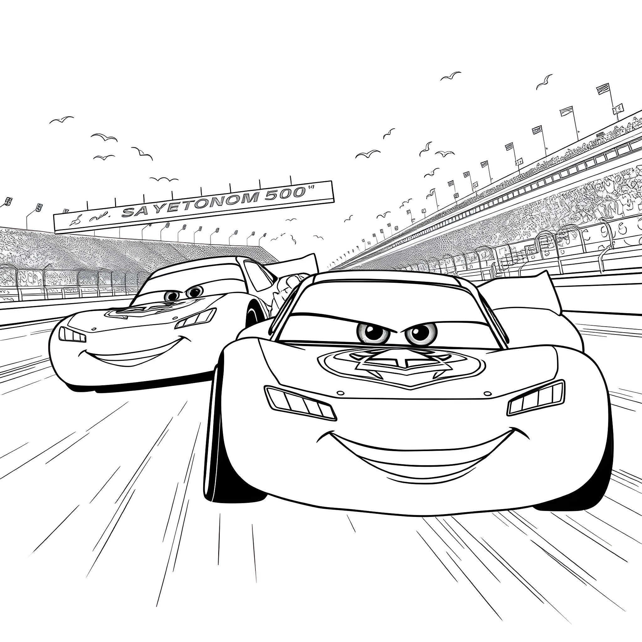Lightning McQueen racing against his rival on the track Coloring Page (free black-and-white line drawing printable PDF for all, from beginners to advanced learners, including children, teens, adults, and seniors)