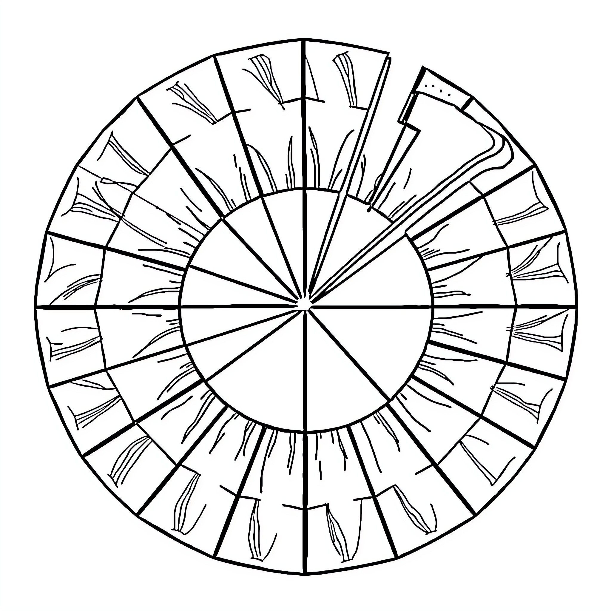Pie-shaped clock with radial design Coloring Page (free black-and-white line drawing printable PDF for all, from beginners to advanced learners, including children, teens, adults, and seniors)
