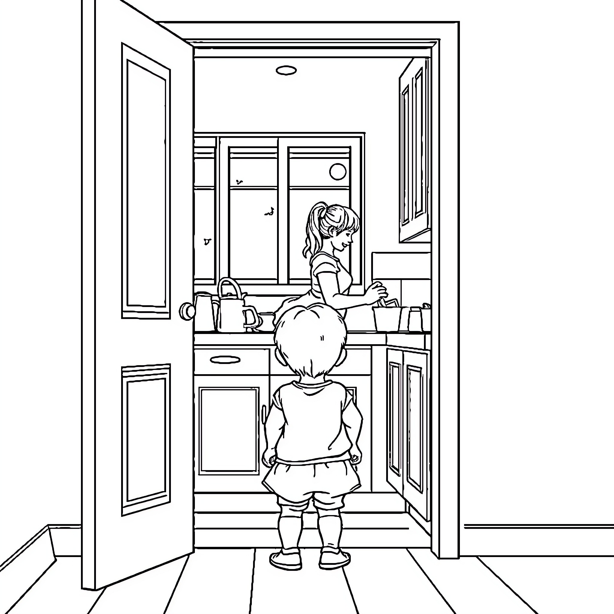 Child exploring a room with curiosity Coloring Page (free black-and-white line drawing printable PDF for all, from beginners to advanced learners, including children, teens, adults, and seniors)