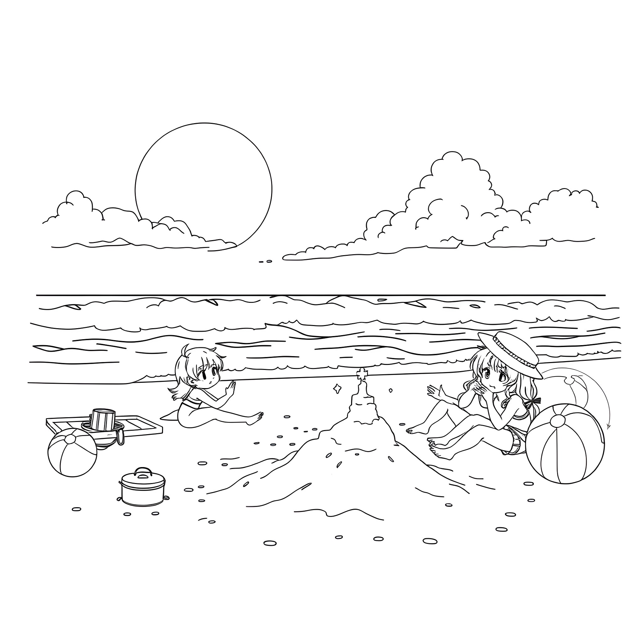 Anime Characters Playing on the Beach Coloring Page (free black-and-white line drawing printable PDF for all, from beginners to advanced learners, including children, teens, adults, and seniors)
