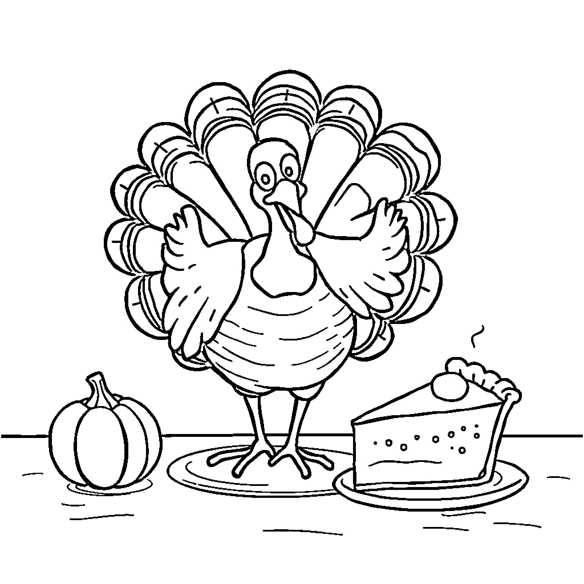 Turkey enjoying Thanksgiving feast with pumpkin and pie Coloring Page (free black-and-white line drawing printable PDF for all, from beginners to advanced learners, including children, teens, adults, and seniors)